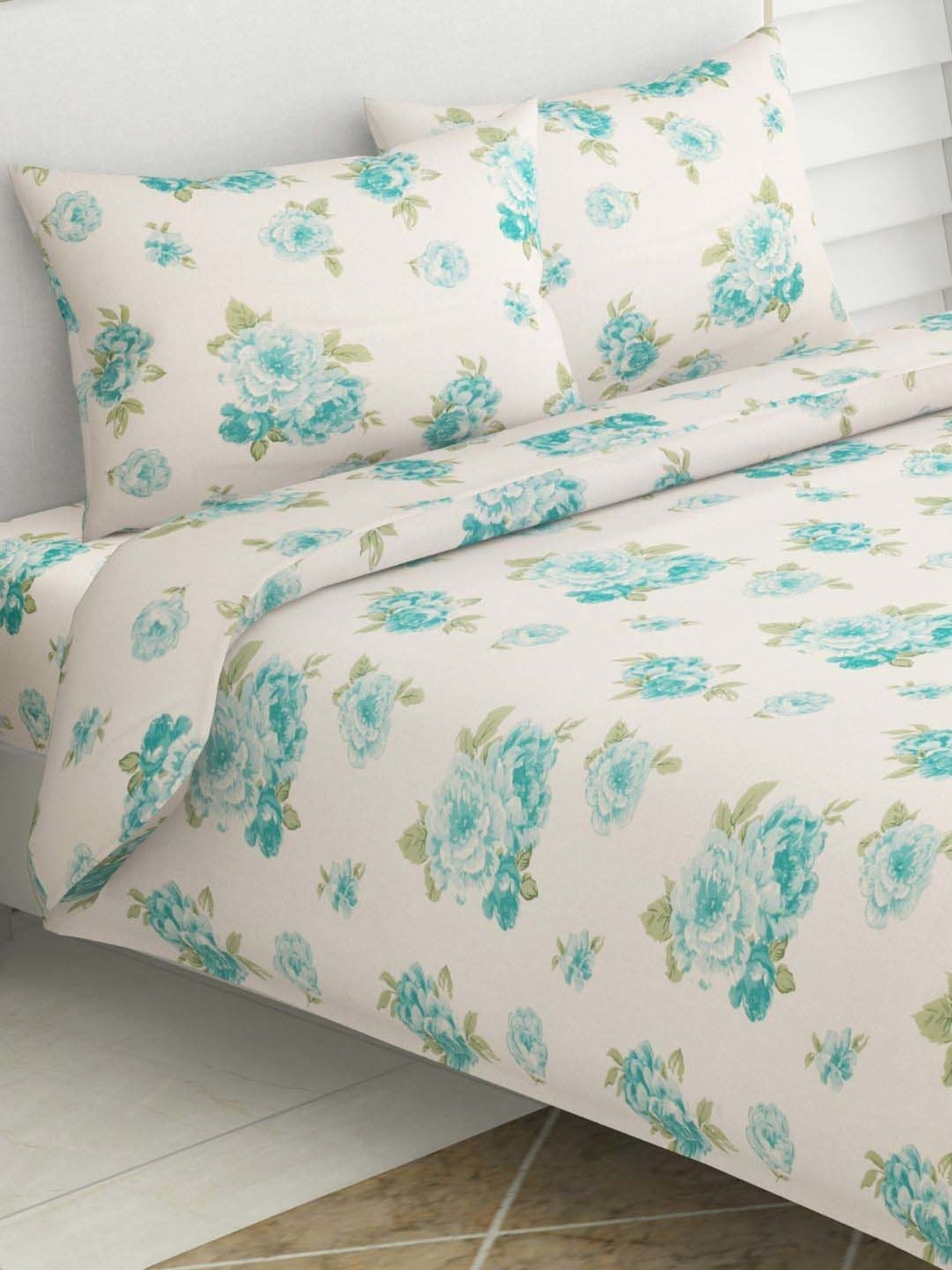 Haus & Kinder White & Teal Cotton 120 TC Petal Harmony Printed King Bedsheet with 2 Pillow Covers