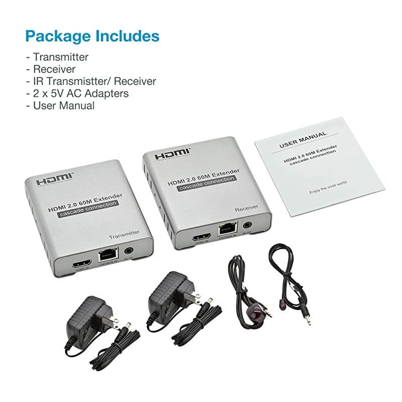 4K60HZ HDMI 20 Extender Over Cat5e Cat6 Cat7 Ethernet Cable Up to 200ft amp 4K30Hz 1080p Up to 400ft | HDR YUV 444 HDCP 22 | LoopOut IR Control Cascading