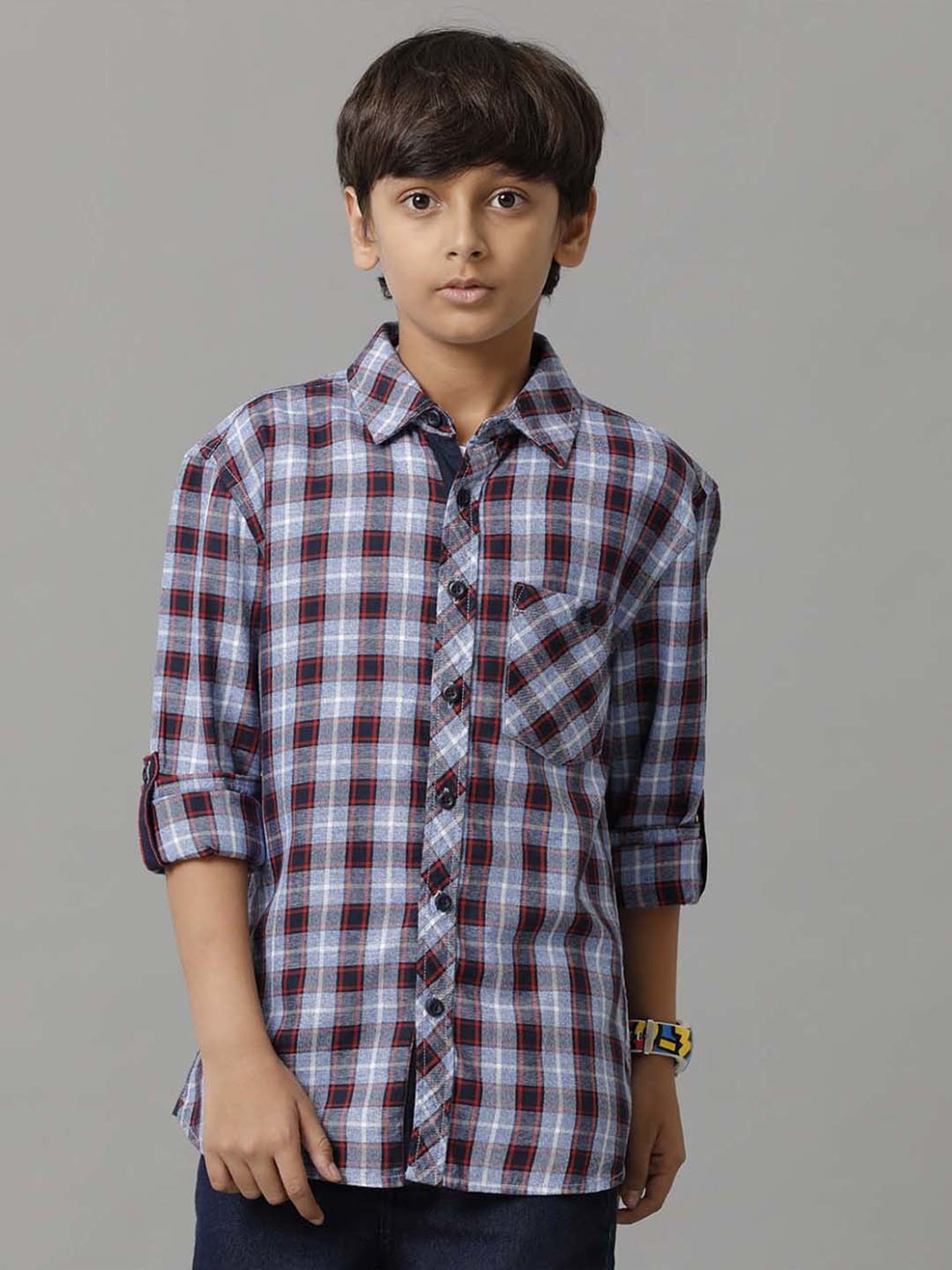 Under Fourteen Only Kids Navy Cotton Chequered Full Sleeves Shirt