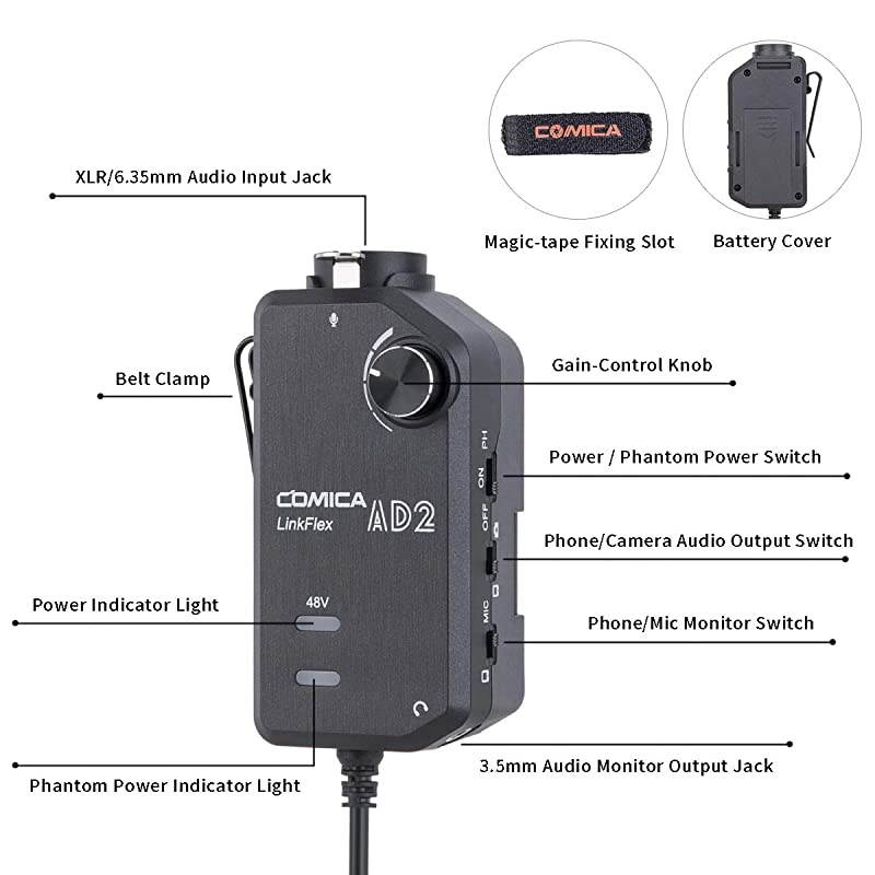 LINKFLEXAD2 XLR 635mm Microphone Preamp with 48V Phantom Power Real Time Monitor XLRGuitar Interface Adaptor for iPhone iPadMacPC Android Device and DSLR Cameras