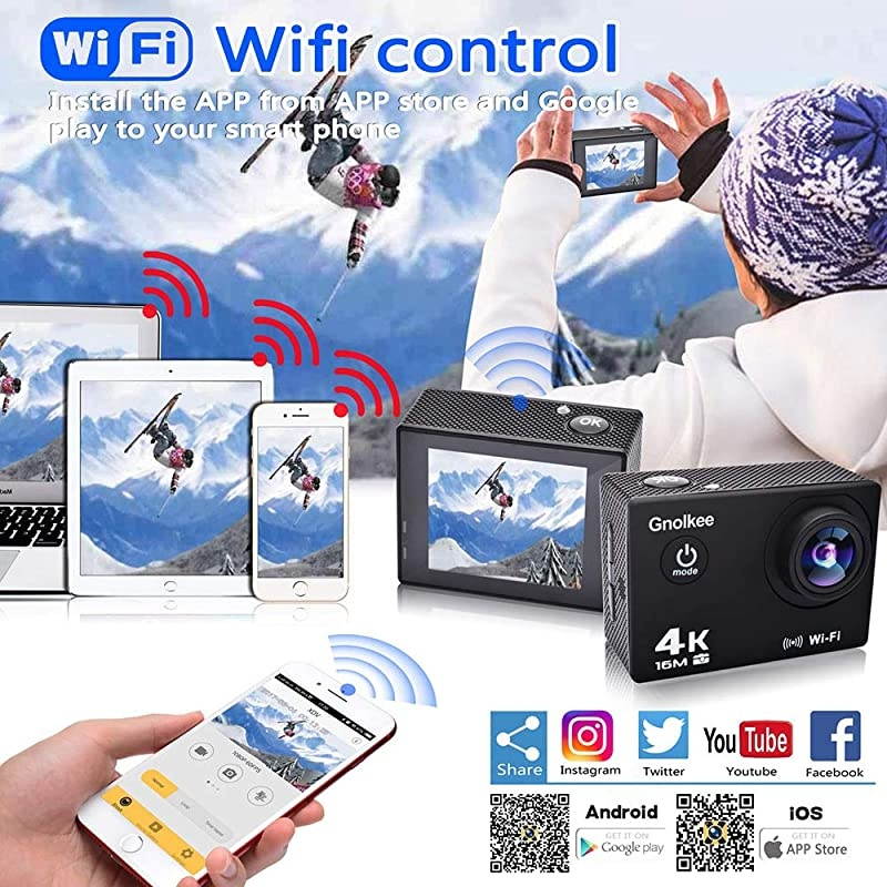 4K WiFi Action Camera 16GB TF Card16MP Underwater Video Camera 170 Wide Angle Sports Cam with Remote 2 Batteries 24 Accessories Mounting Kit 20 Pack