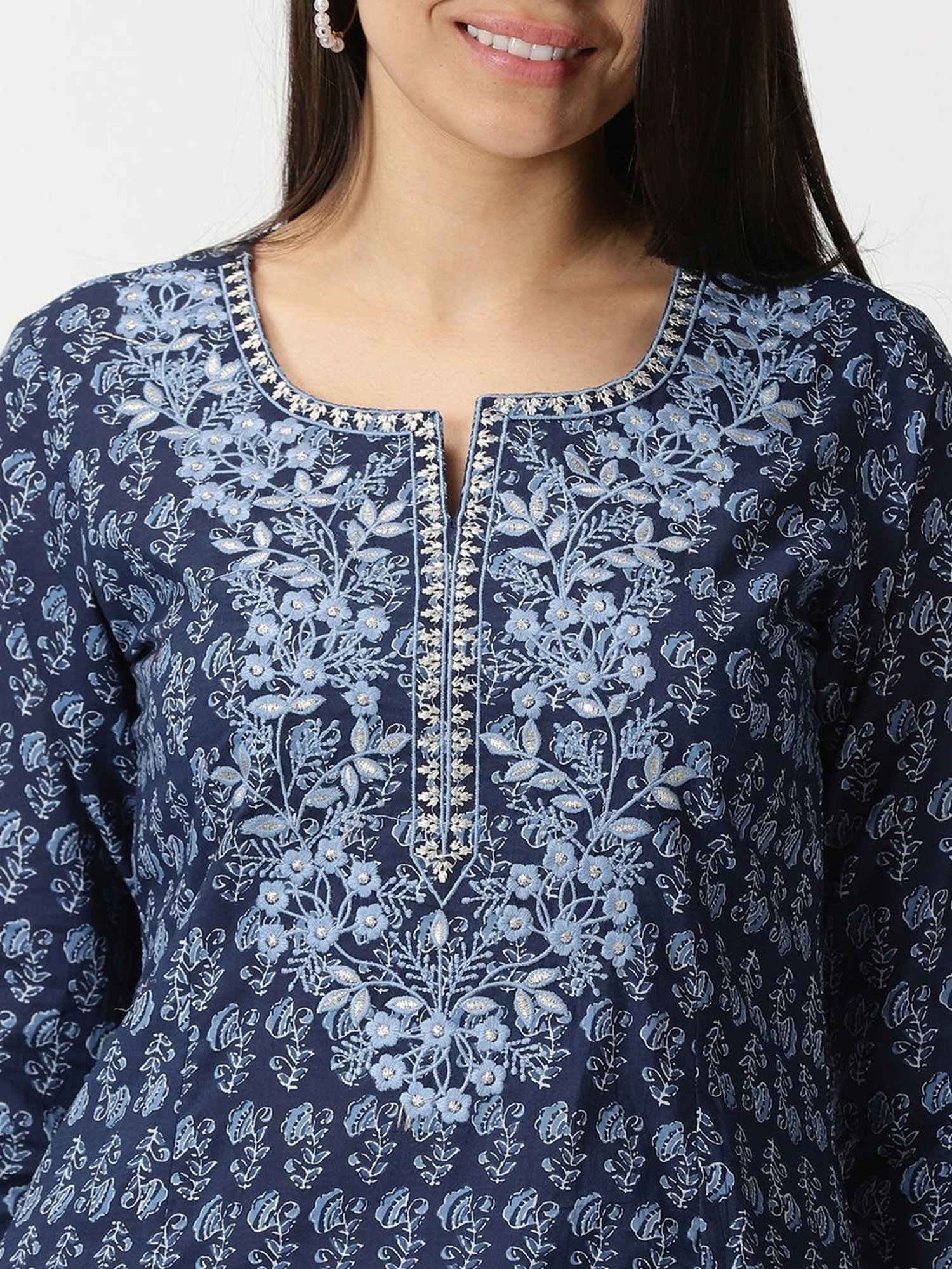 Saffron Threads Blue Cotton Embroidered A Line Kurta