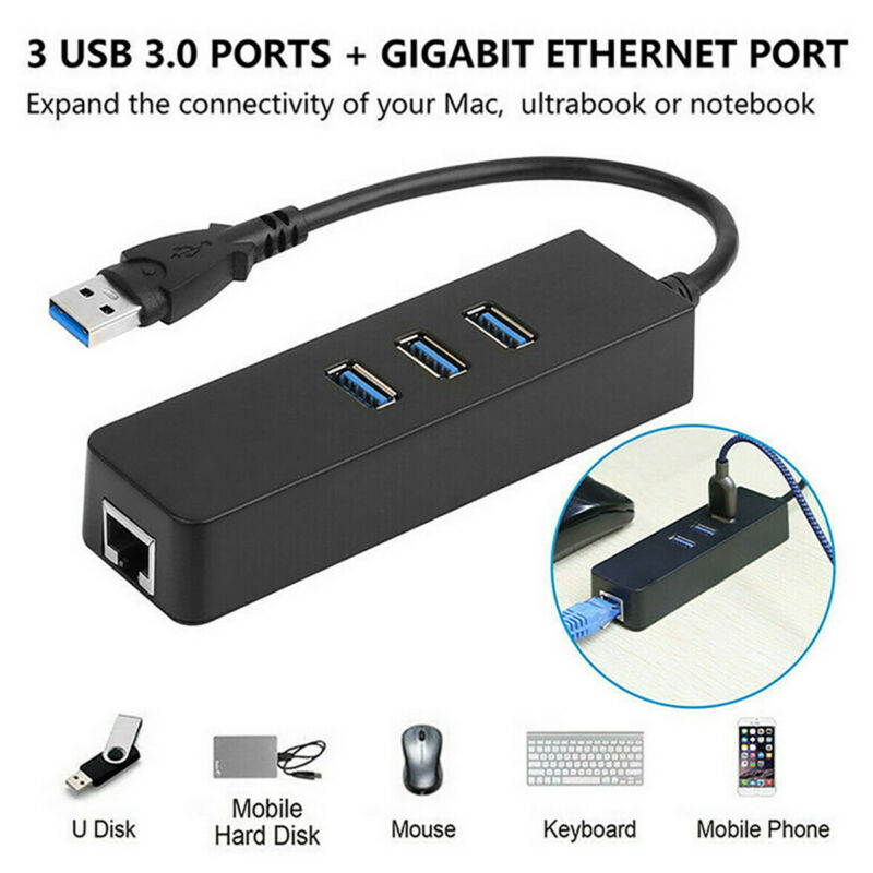 3 Port USB 3.0 Hub + Gigabit Ethernet Port Lan RJ45 Network Adapter Hub Up to 1000Mbps, USB Extension for PC, MacBook, Mac, Laptops