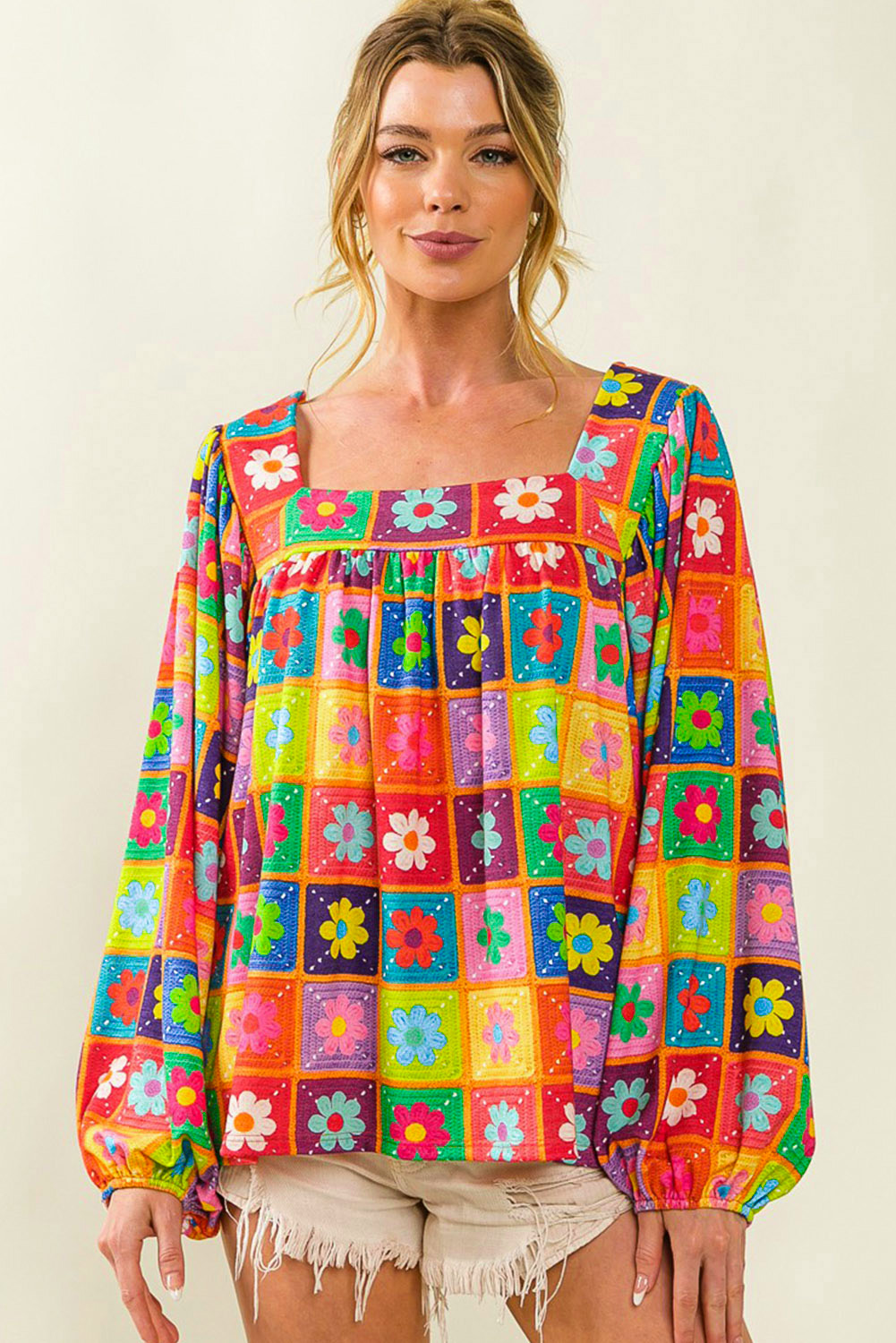 Multicolor 60s Flower Pattern Lantern Sleeve Square Neck Top