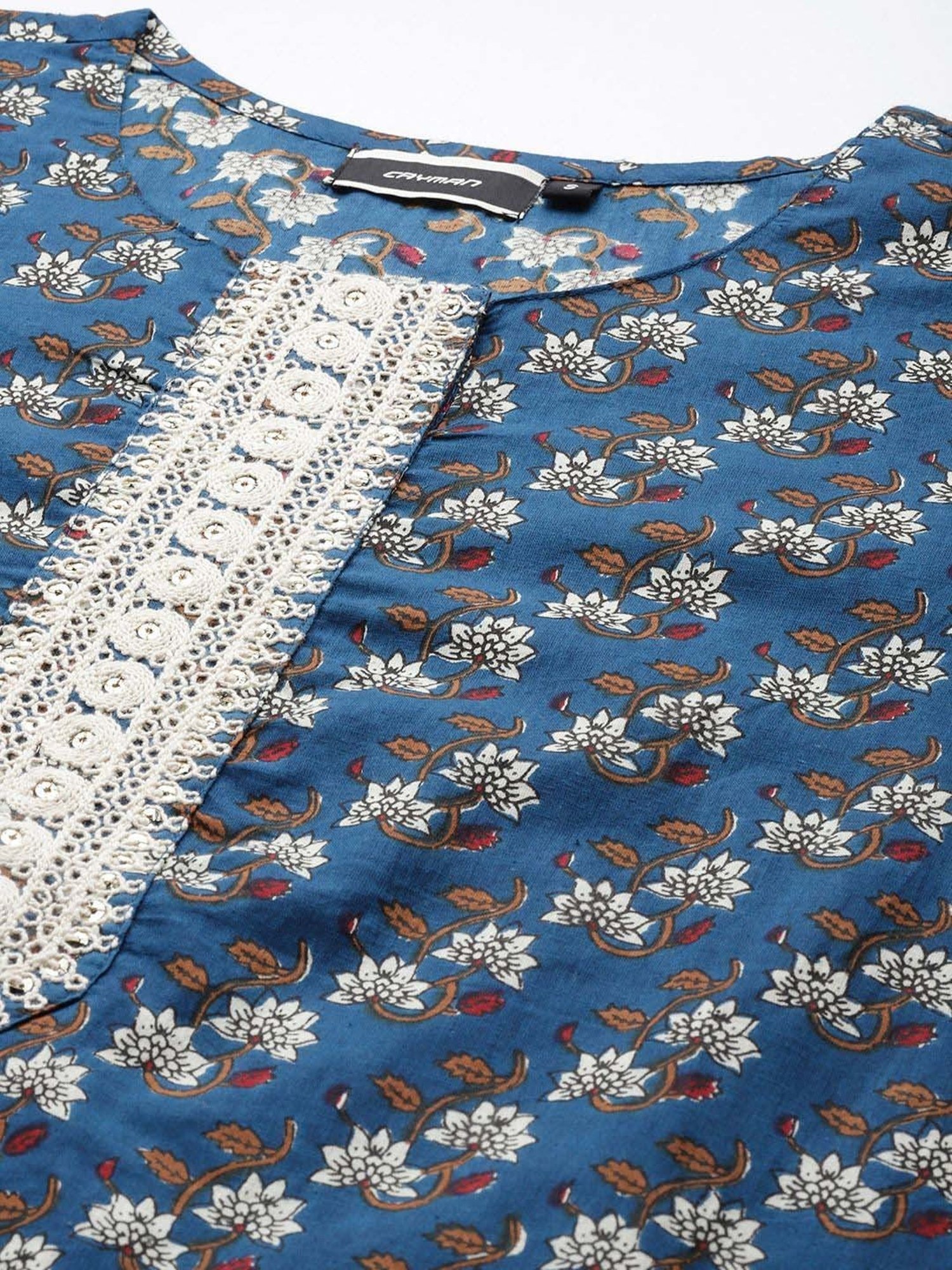 Cayman Blue Cotton Floral Print Straight Kurta