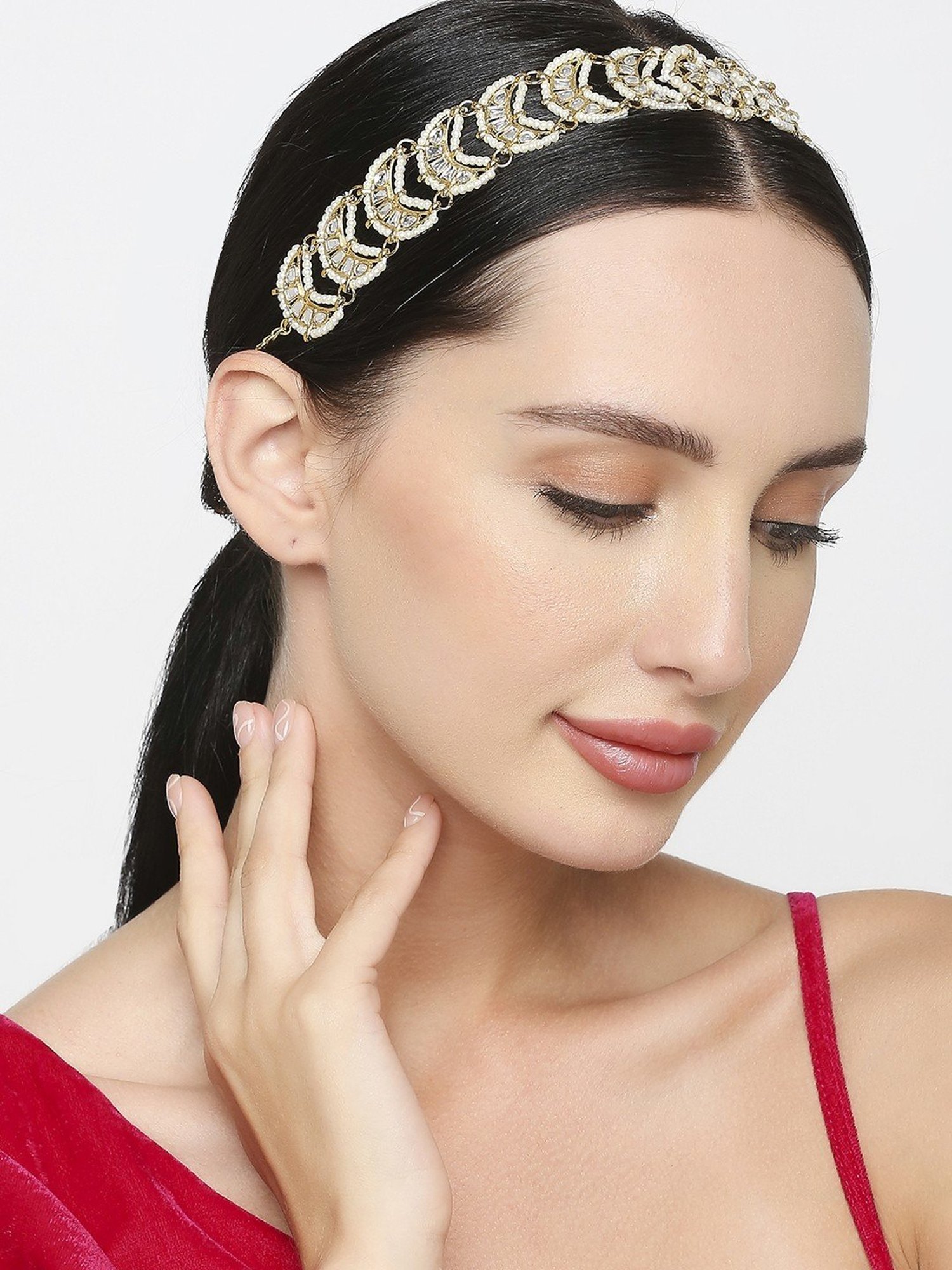 Oomph Gold Tone Kundan & Pearls Jadau Matha Patti & Maang Tikka - Set of 2