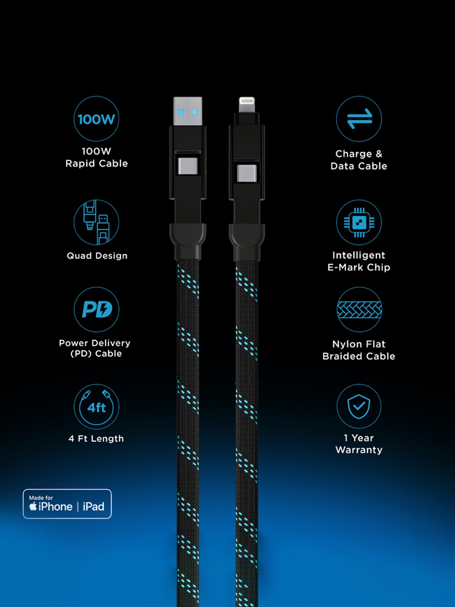 URBN 4 in 1 Quad Cable, Apple MFi Certified Type C to Lightning, USB to LTG, Type C to C (Black)