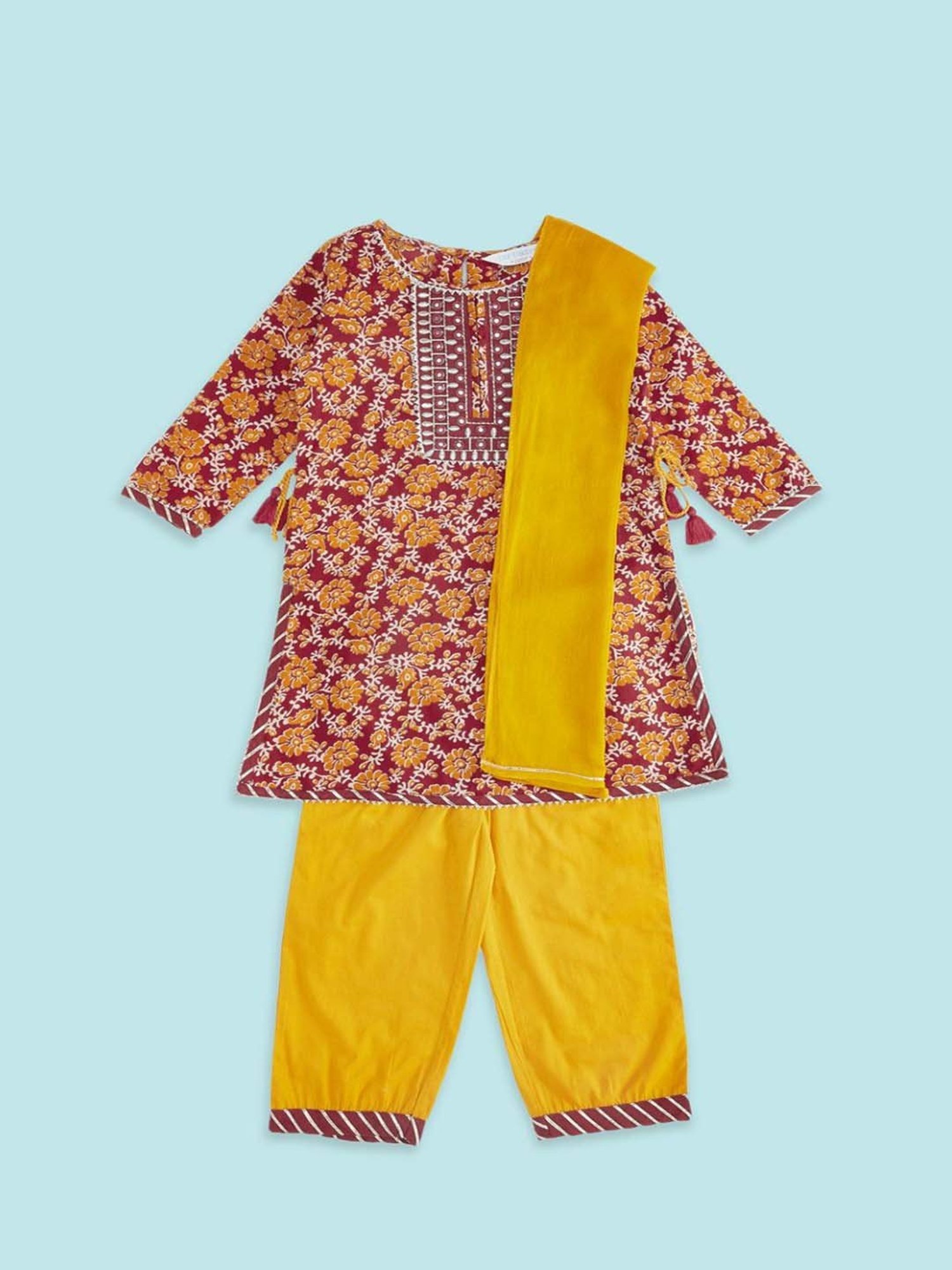Akkriti by Pantaloons Kids Red & Yellow Cotton Floral Print Kurta Set