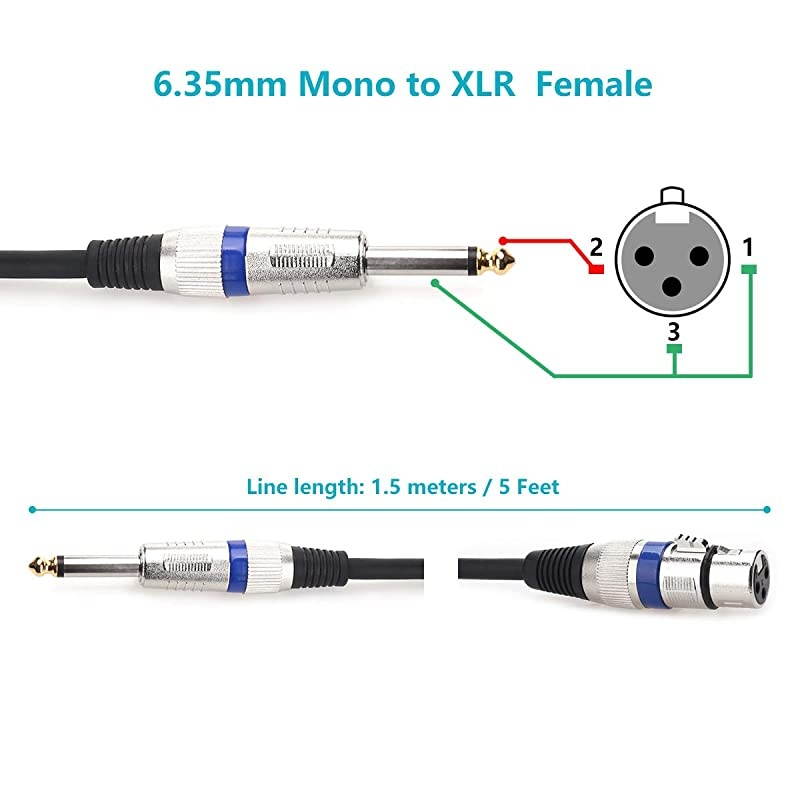 XLR to 1/4 Microphone Cable, - XLR Female to 6.35mm Mono Plug Unbalanced Interconnect Cable Powered Speakers Stage DJ Studio Sound Consoles - 5FT / 1.5Meters