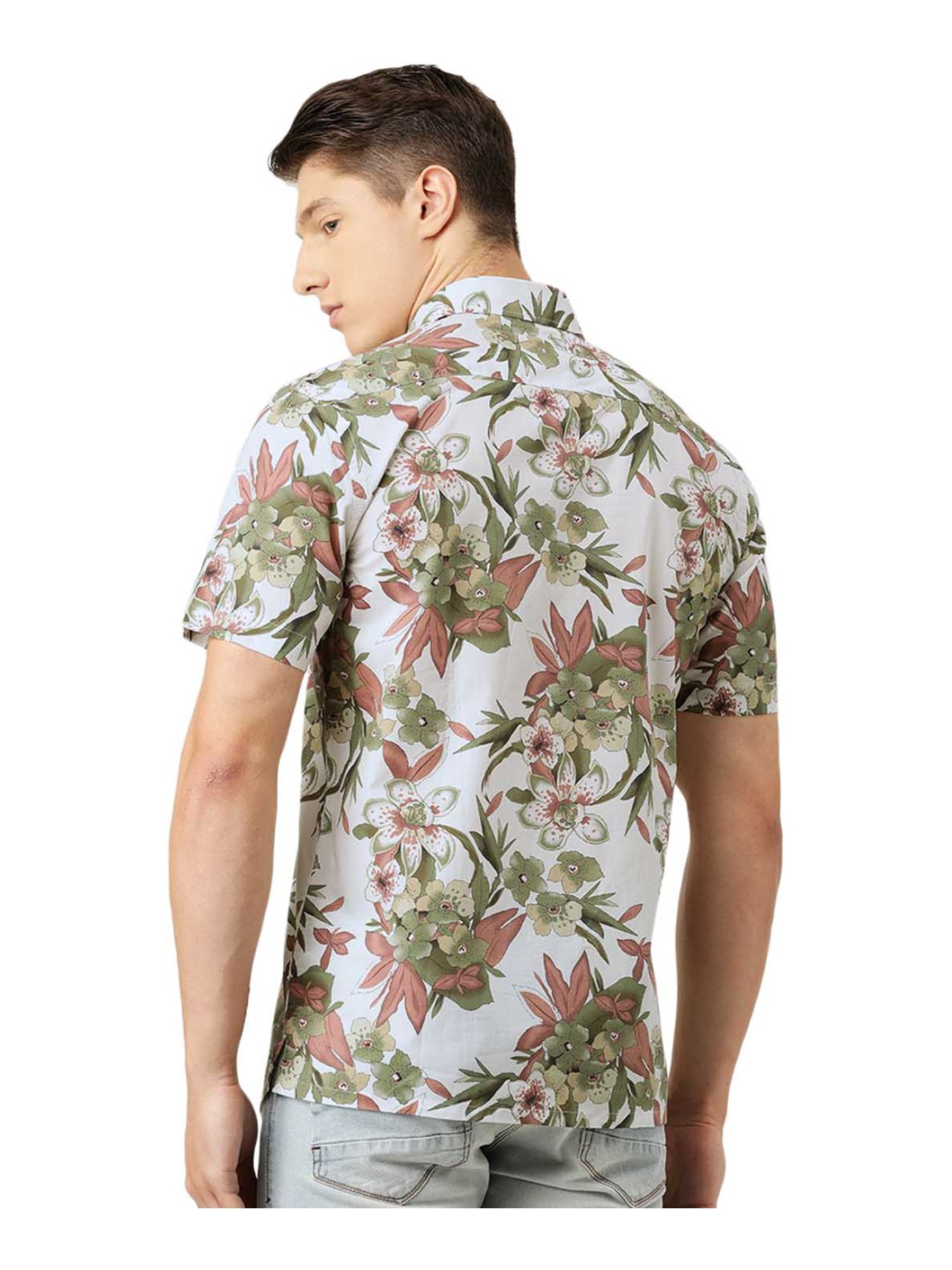 Burnt Umber Green Cotton Regular Fit Floral Print Shirt