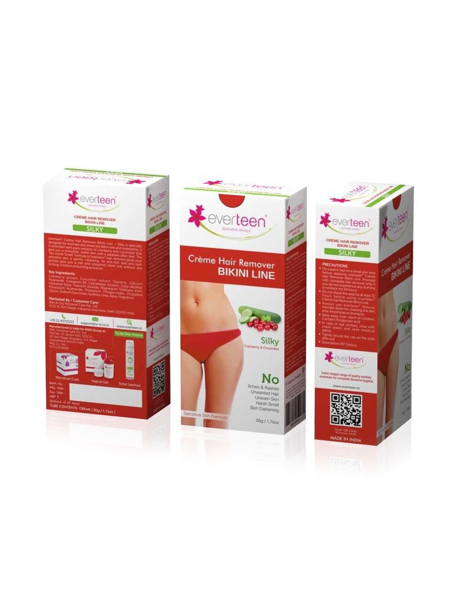 everteen SILKY Bikini Line Hair Remover Creme with Cranberry and Cucumber - 1 Pack - 50 gm