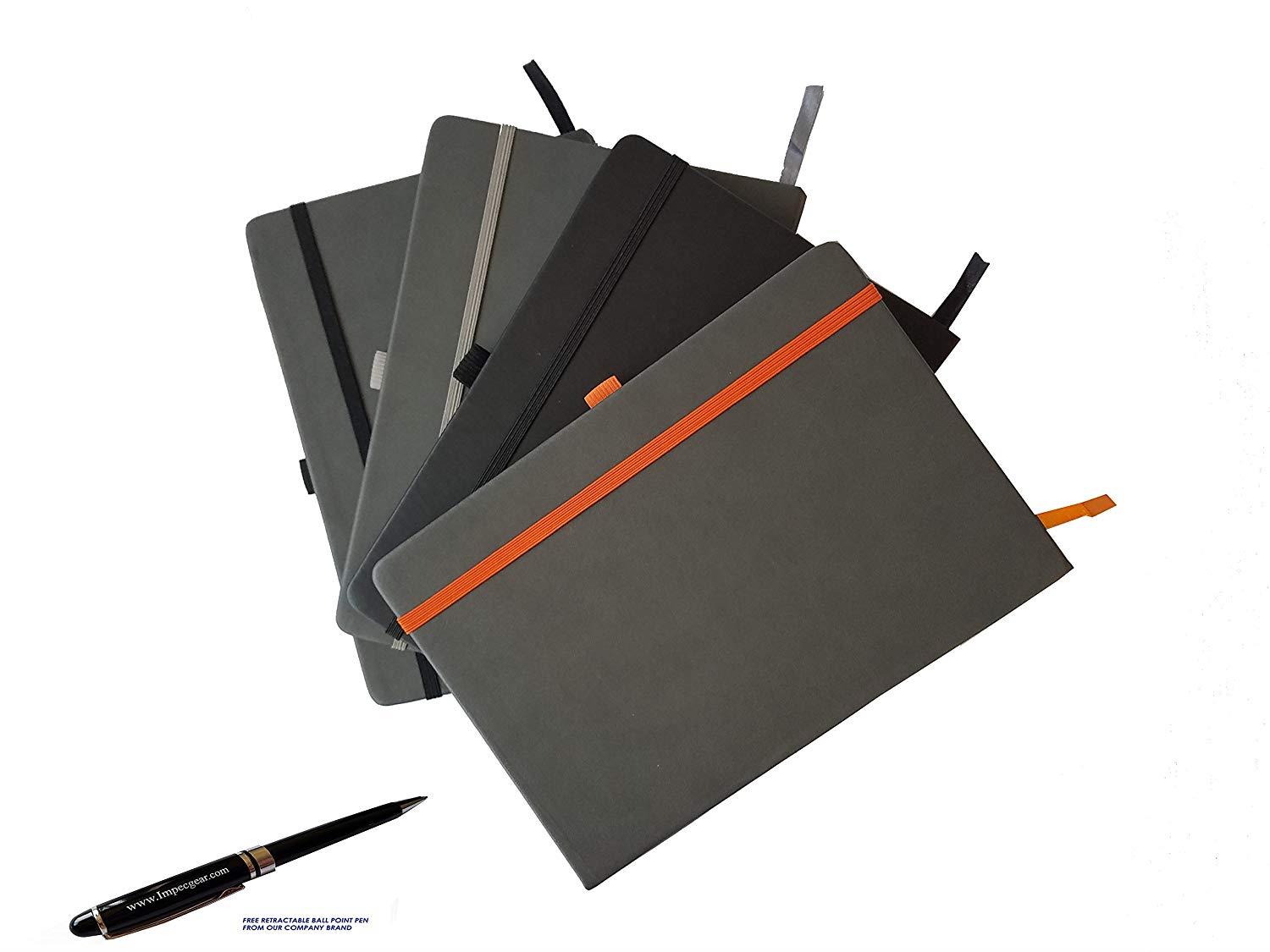 ImpecGear Classic Notebook/ Writing Journal 5.5 x 8.25 Black Gray Orange FREE PEN (ASSORTED COLOR-PACK OF 4)