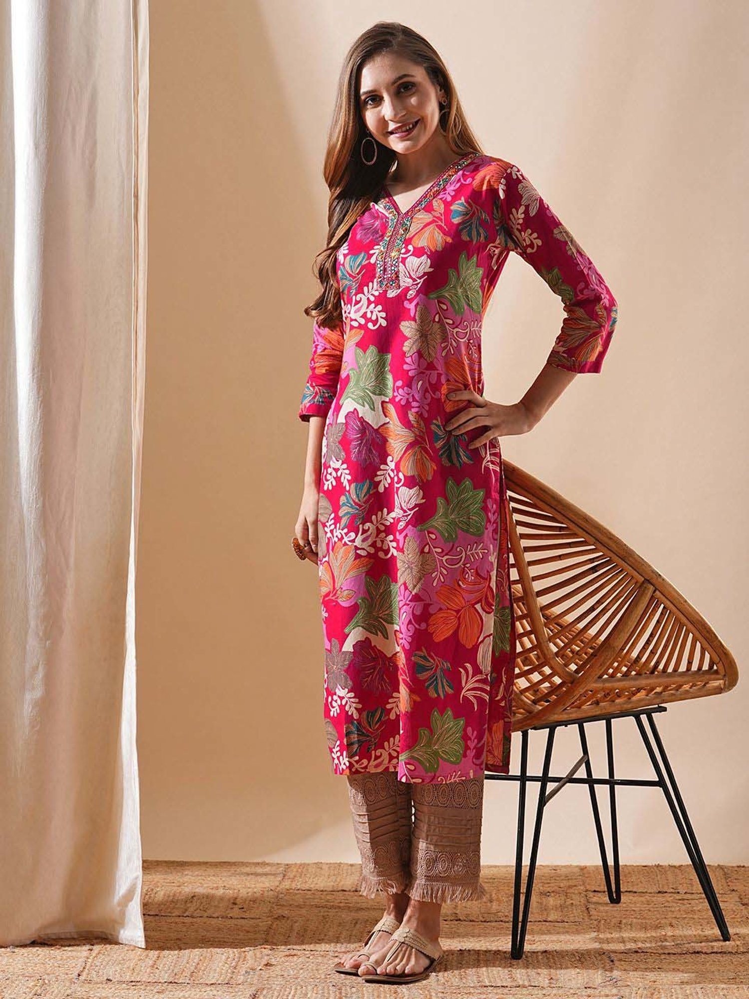 Fashor Pink Cotton Printed Straight Kurta
