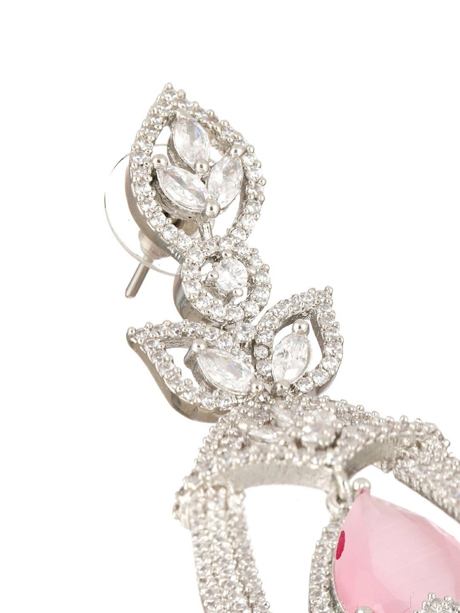 Priyaasi Pink Leaf American Diamond Silver-Plated Dangler Earrings