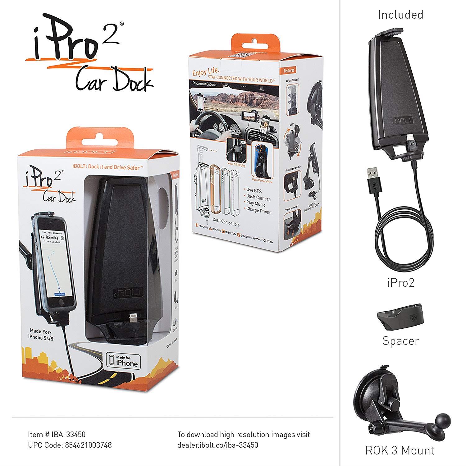 iBolt iPro2 MFI Approved Car / Desk Dock / Mount / Charger / for iPhone 5 / 5c / 5s / 6 / 6+ with integrated Lightning Cable - Retail Packaging - Black