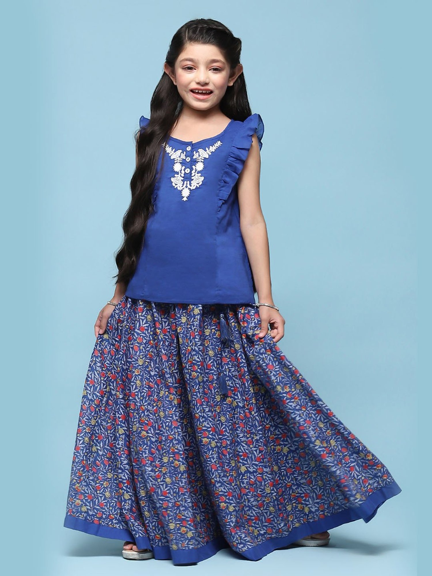 Biba Girls Blue Cotton Embroidered Casual Top and Tees