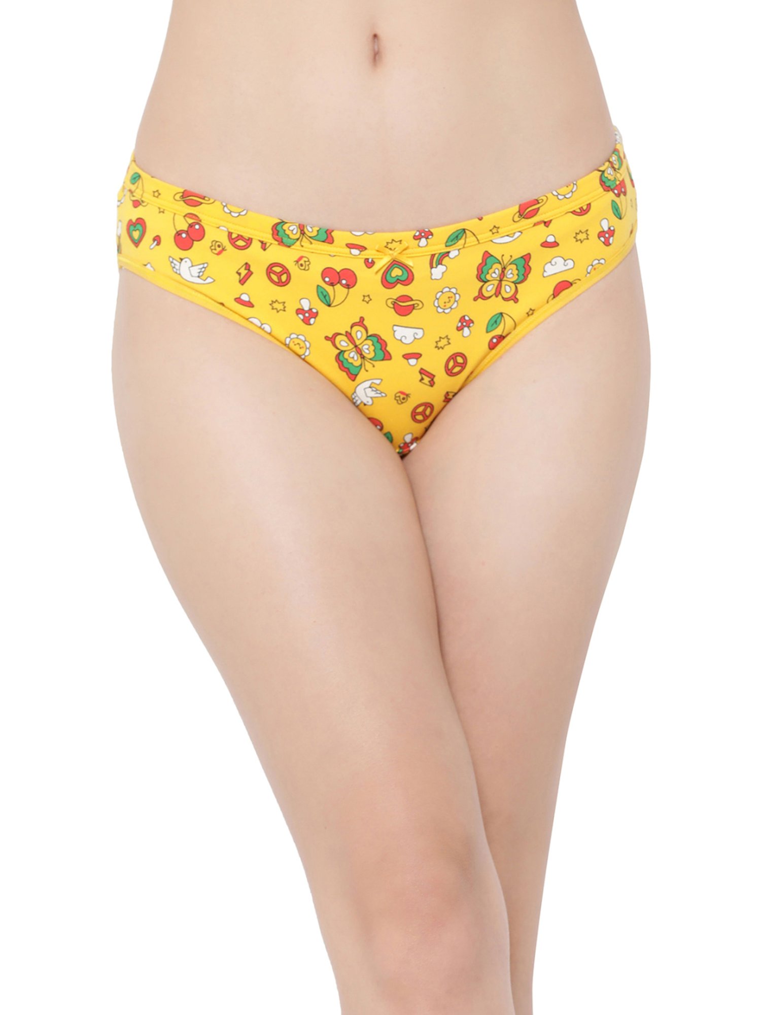 Clovia White & Yellow Cotton Printed Bikini Panties - Pack Of 3
