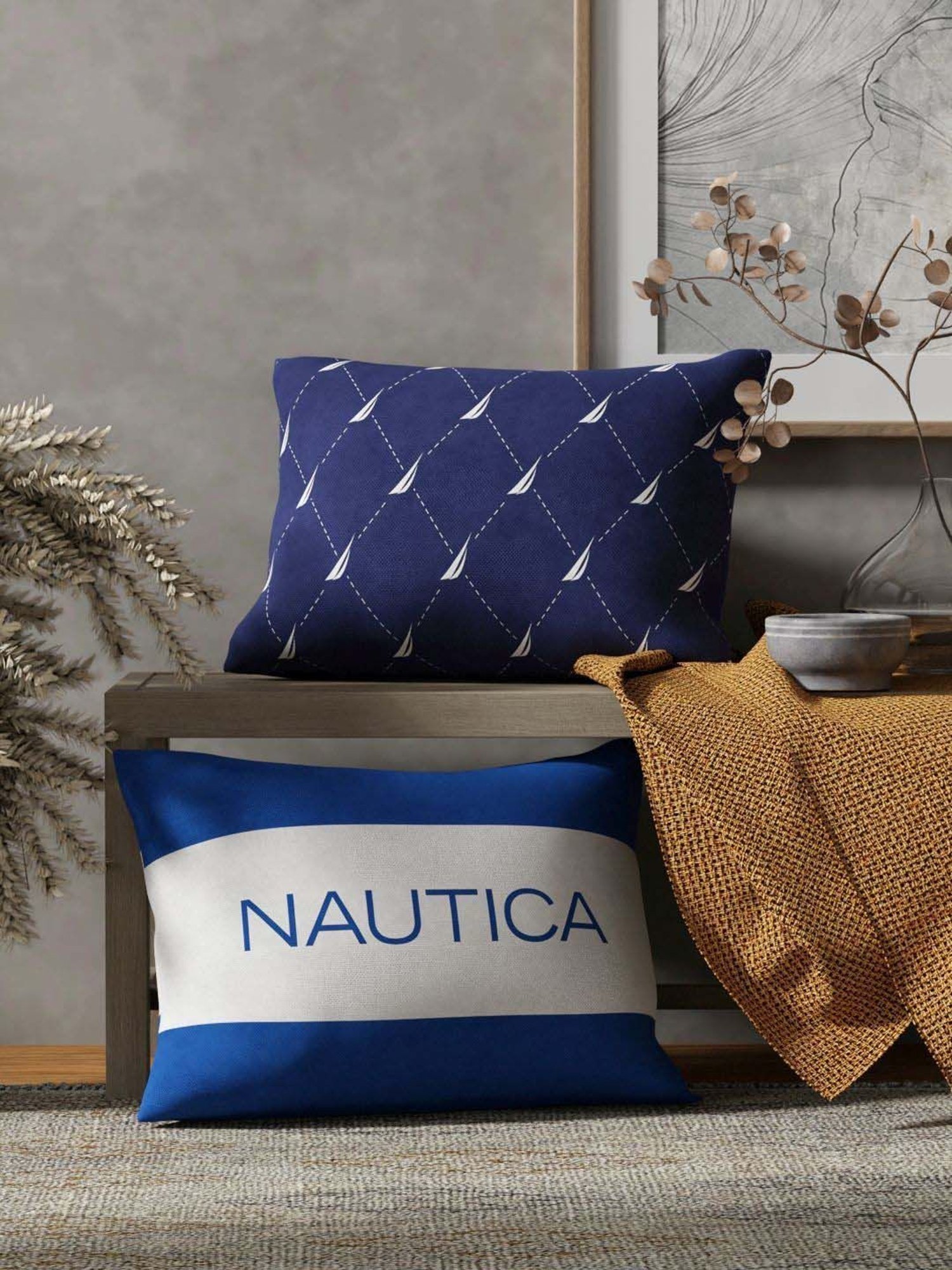 Nautica Logo Stripe Navy & Blue Microfibre 300 GSM Premium Cushion Covers - Set of 2