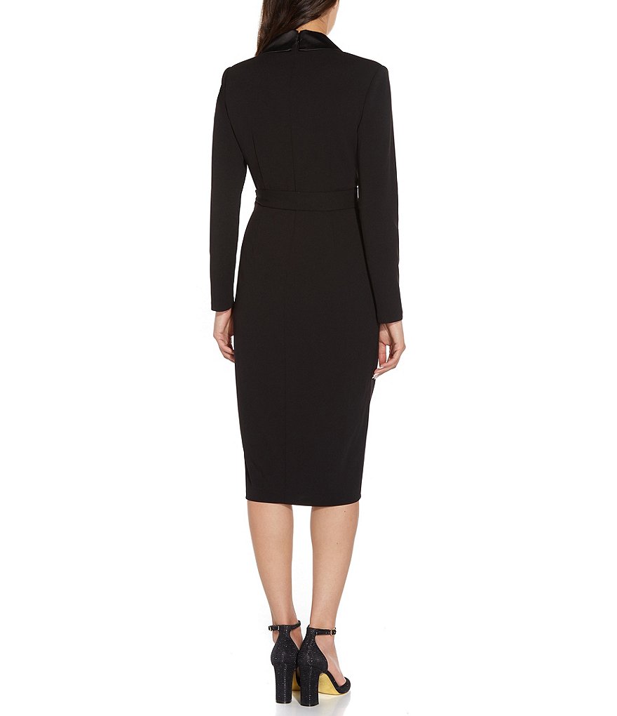 Adrianna Papell Satin Lapel Long Sleeve Wrap Tuxedo Midi Dress