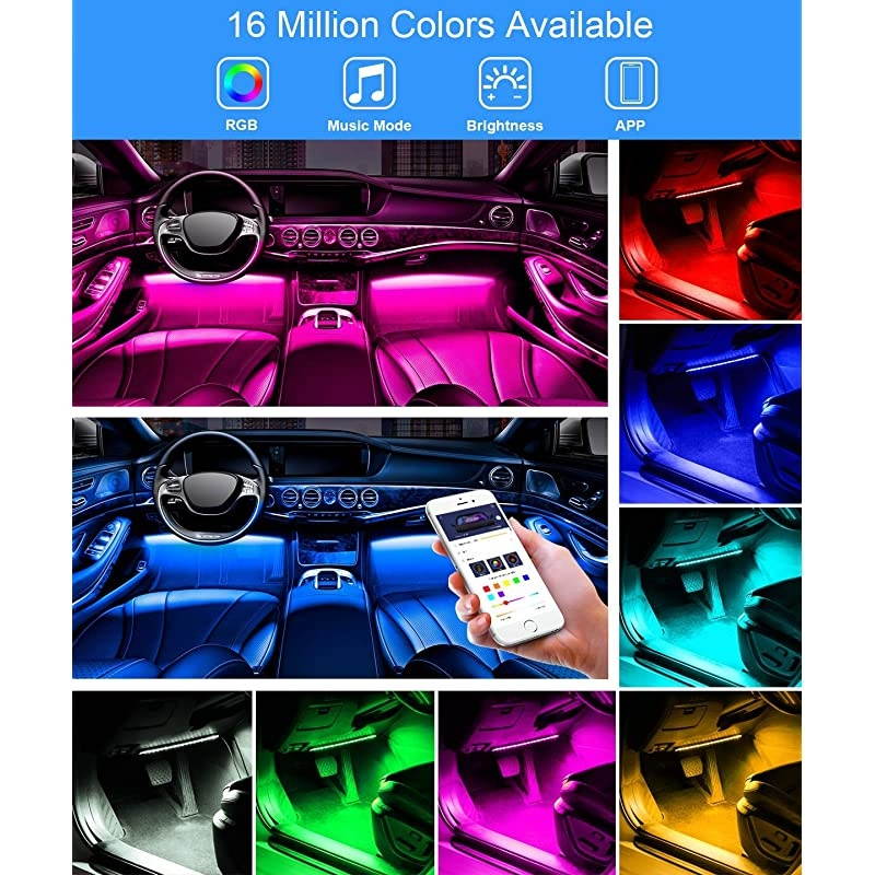 Interior Car Lights, LED Car Strip Lights with Two-Line Waterproof Design, 48 LEDs App Control Car Light Kit, DIY Mode and Music Sync Under Dash Car Lighting with Car Charger, DC 12V