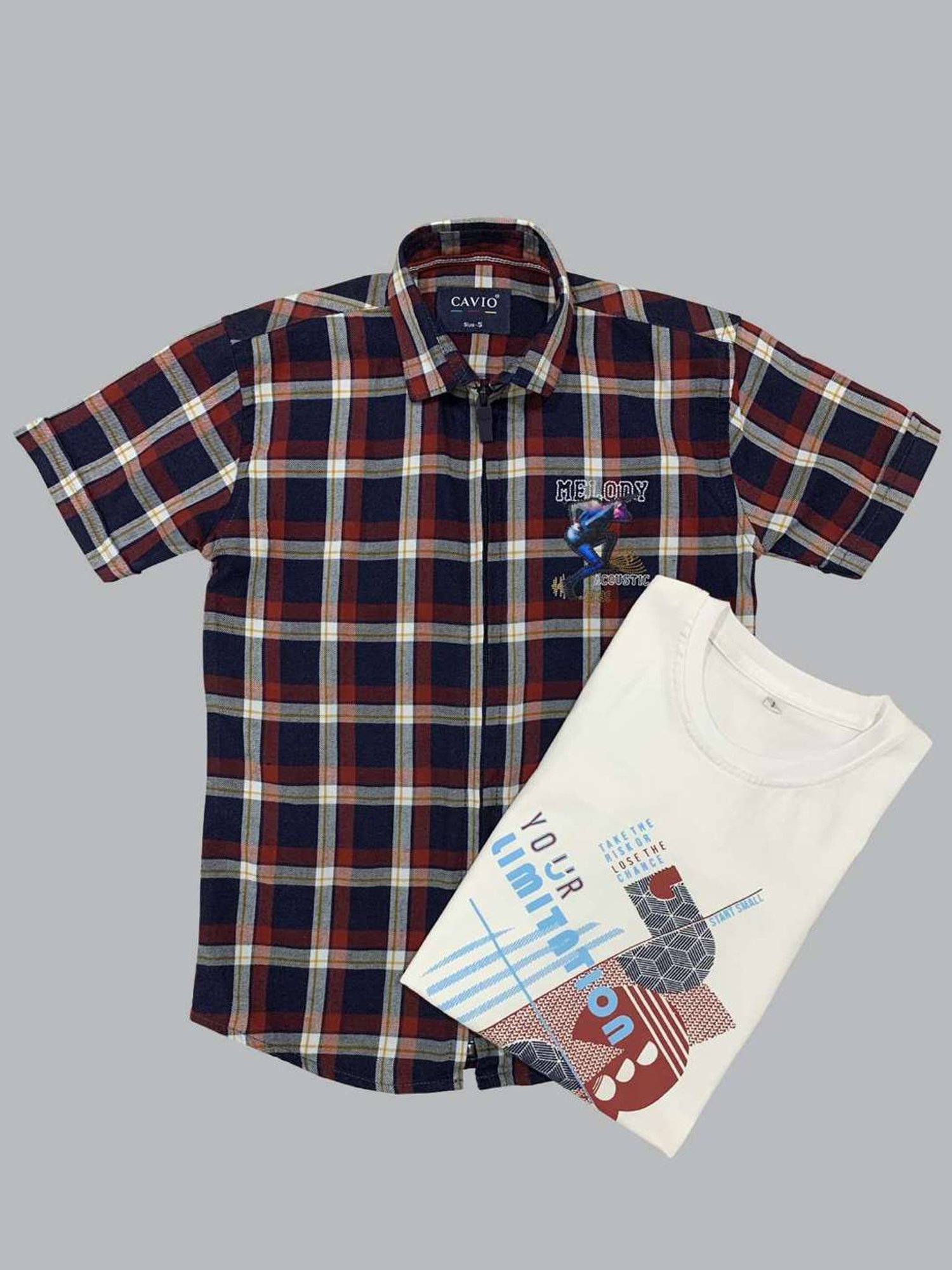 Cavio Kids Blue & White Cotton Chequered Shirt Set