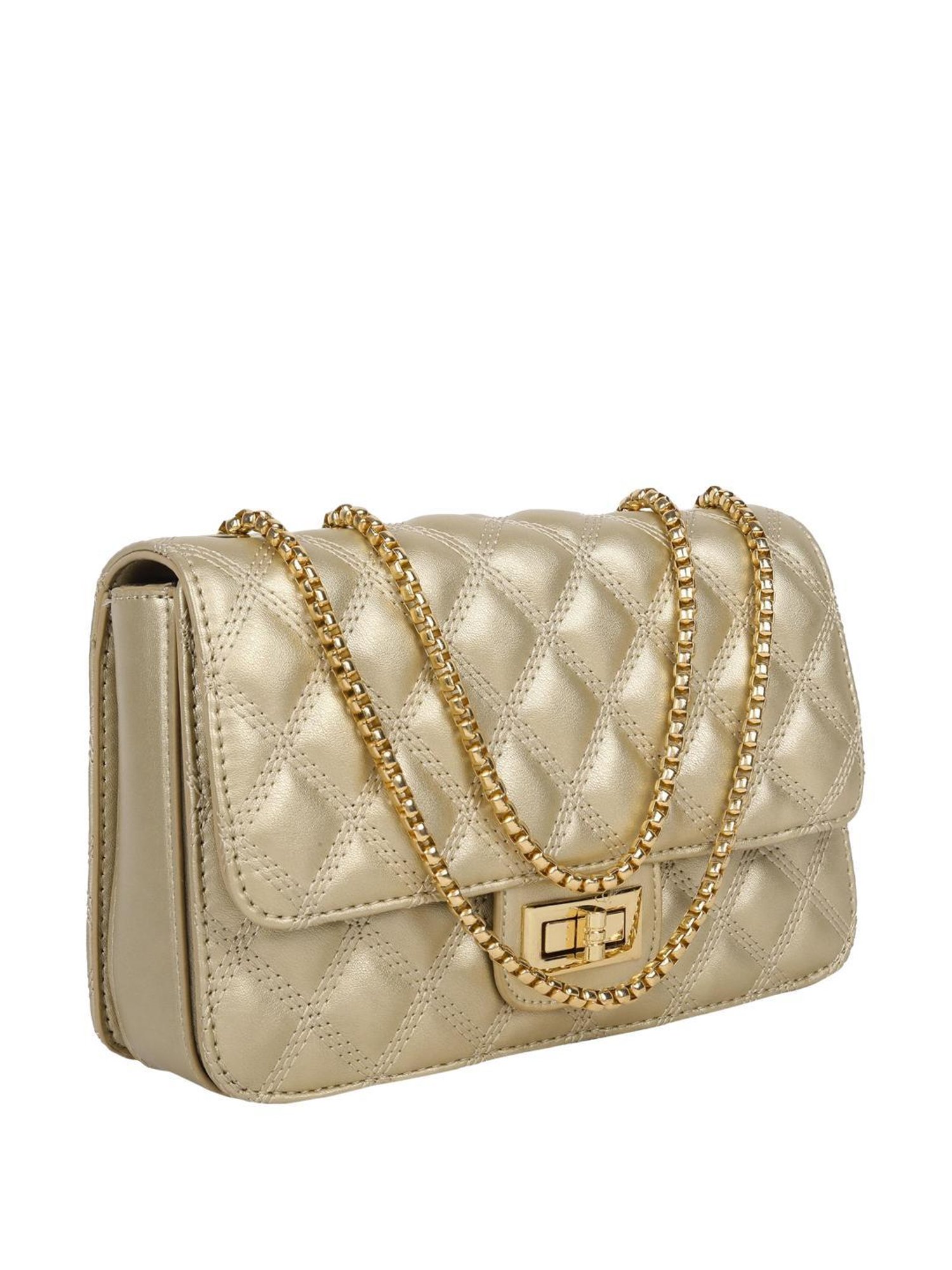 Lino Perros Golden Synthetic Quilted Sling Handbag