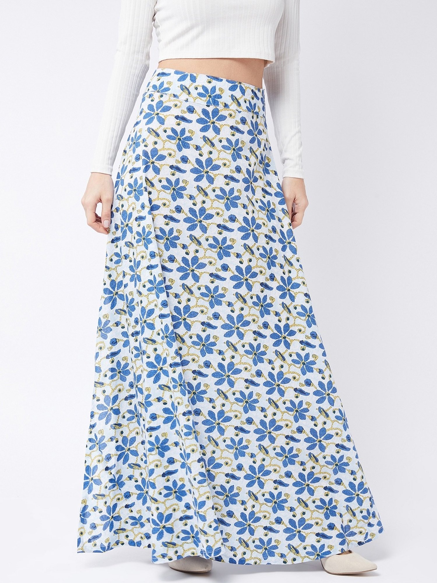 Inweave Blue & White Cotton Printed A-Line Skirt
