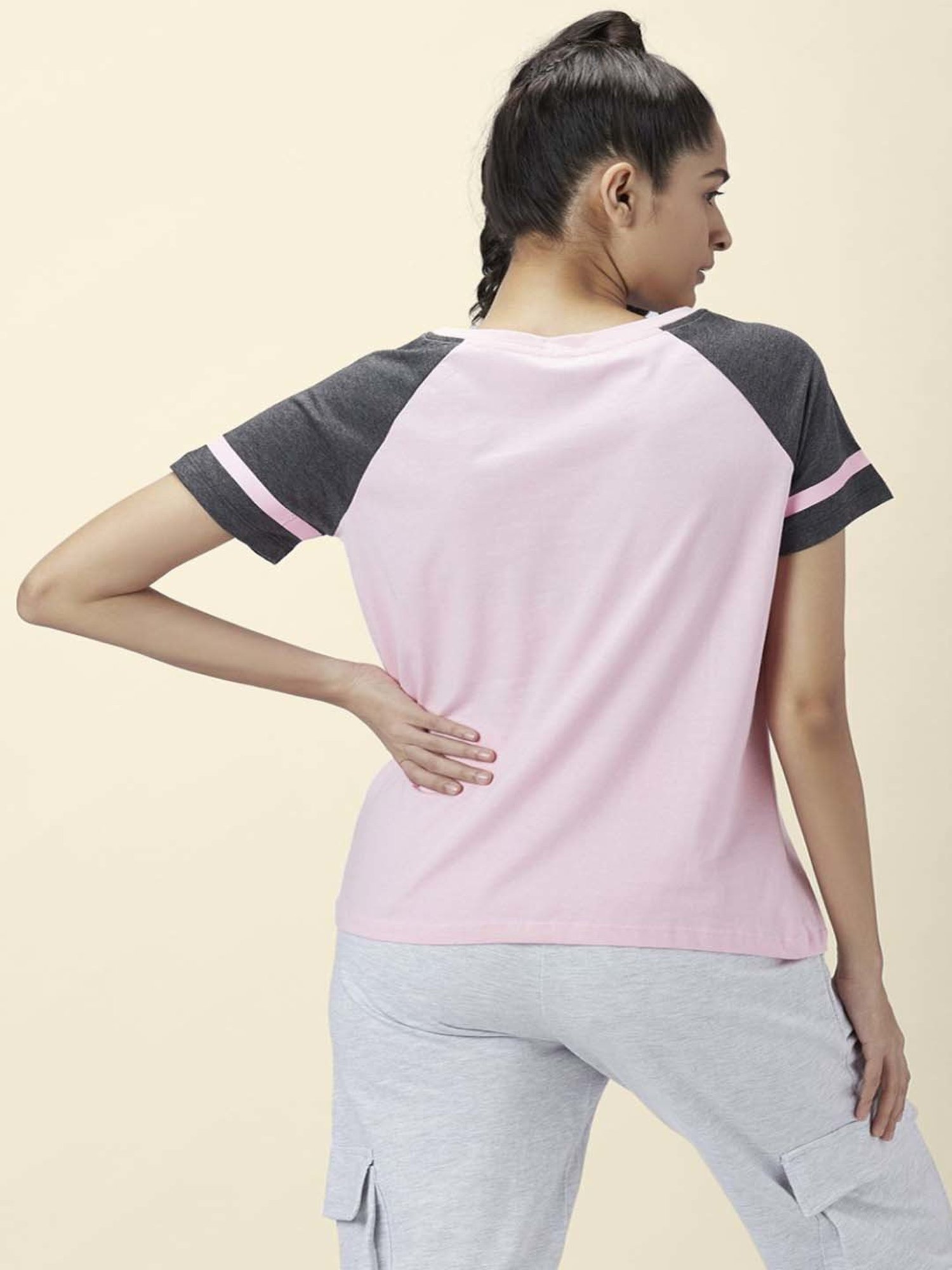 Ajile by Pantaloons Pink & Grey Cotton Graphic Print Sports T-Shirt