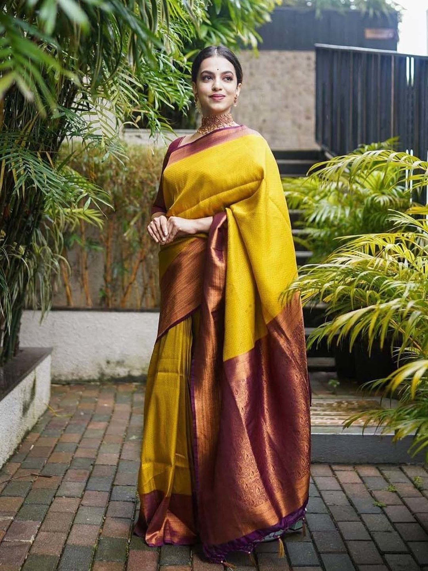 SHUBHKALA Yellow Silk Woven Saree With Unstitched Blouse