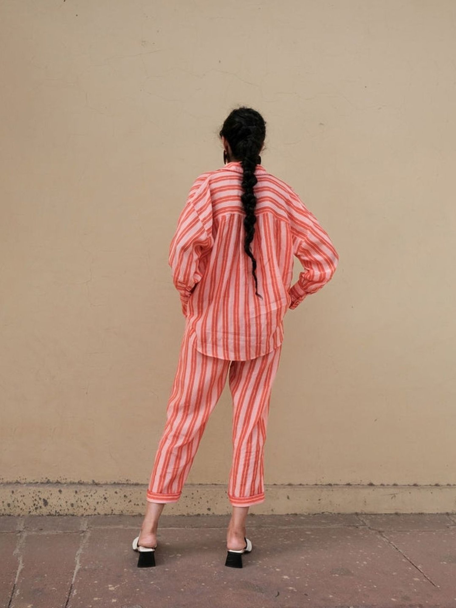 Khajoor Studio Pink & Red Bageecha Trellis Stripes Statement Shirt