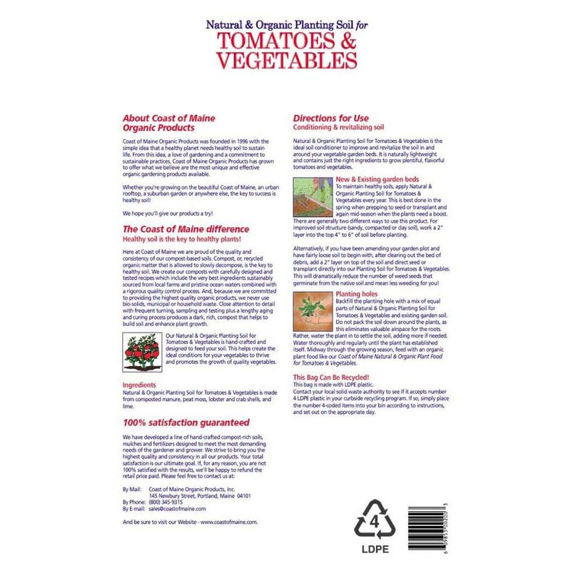 Coast of Maine OMRI Listed Tomato and Vegetable Plant Potting Soil Compost Blend for Container Gardens and Flower Pots, 20 Quart Bag