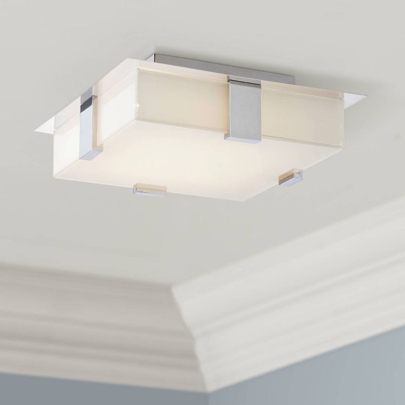Possini Euro Design Modern Ceiling Light Flush Mount Fixture LED Chrome 12" Square White Glass for Bedroom Kitchen Hallway
