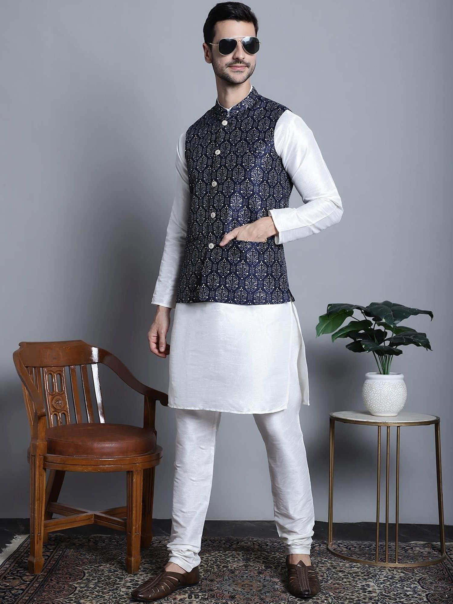 Jompers Navy  Regular Fit Printed Nehru Jacket