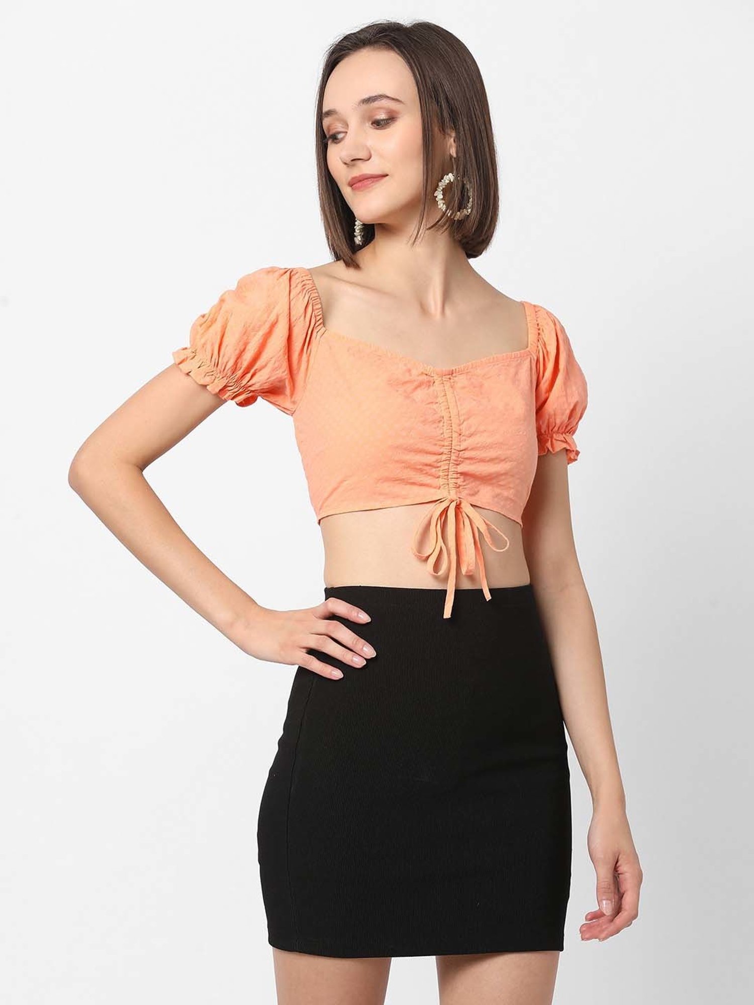 VASTRADO Orange Cotton Self Pattern Crop Top