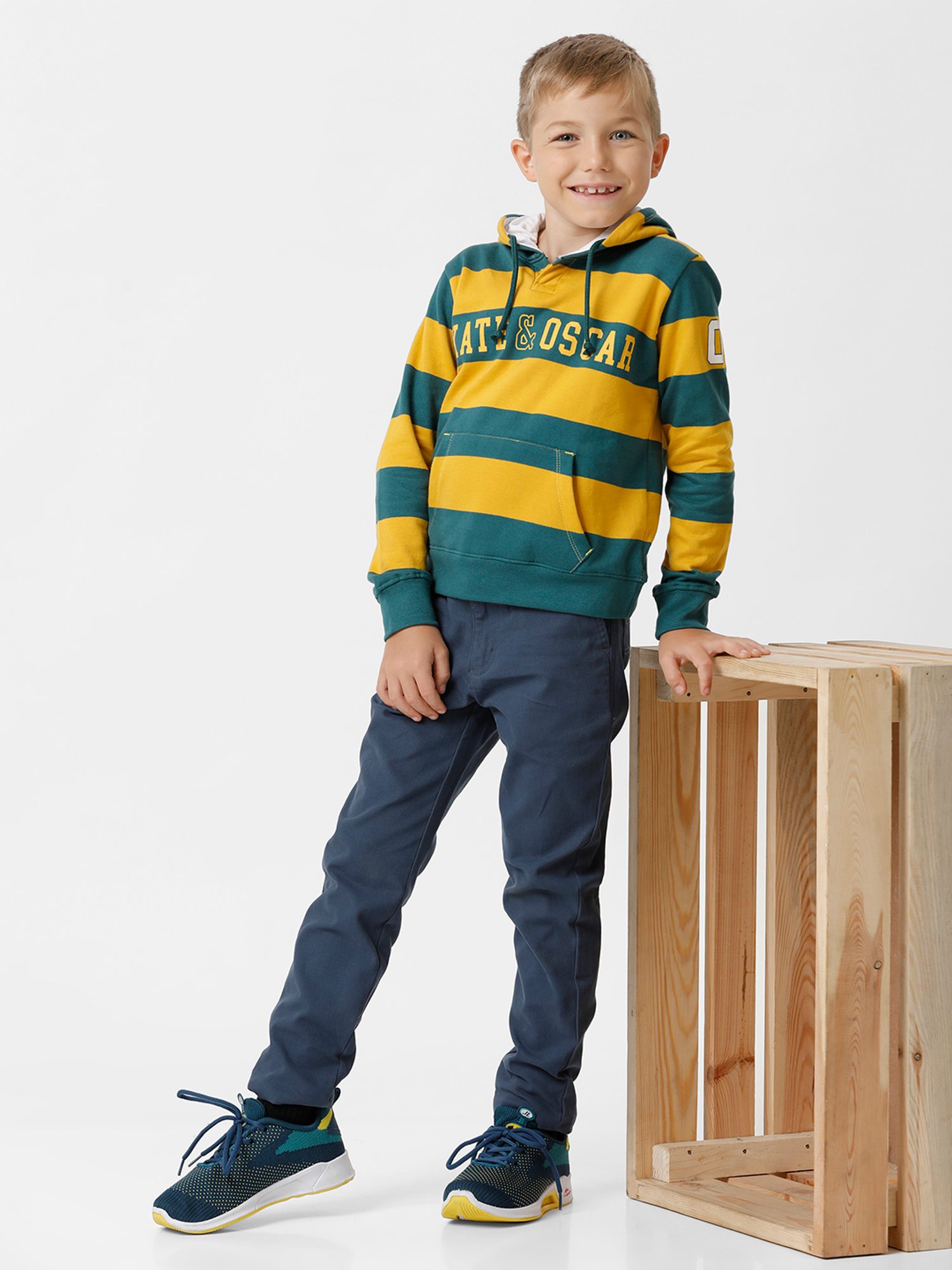 Kate & Oscar Kids Mustard & Teal Striped Full Sleeves Sweatshirt