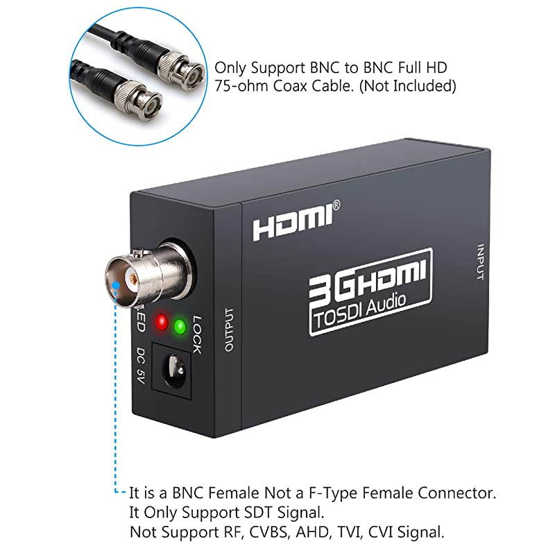 HDMI to SDI HDMI to SDI Converter Full HD 1080P HDMI SDI Adapter Audio Video Converter with DC 5V 1A Power Adapter Support SDIHDSDI3GSDI Signals for Camera Home Theater
