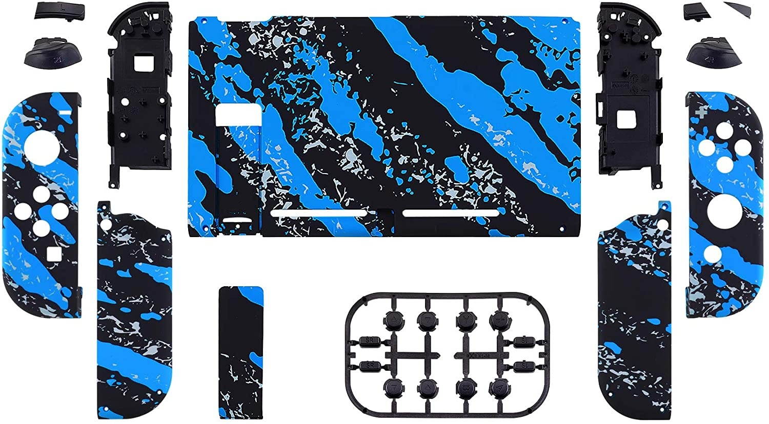 eXtremeRate Soft Touch Grip Back Plate for Nintendo Switch Console, NS Joycon Handheld Controller Housing with Full Set Buttons, DIY Replacement Shell for Nintendo Switch - Blue Coating Splash