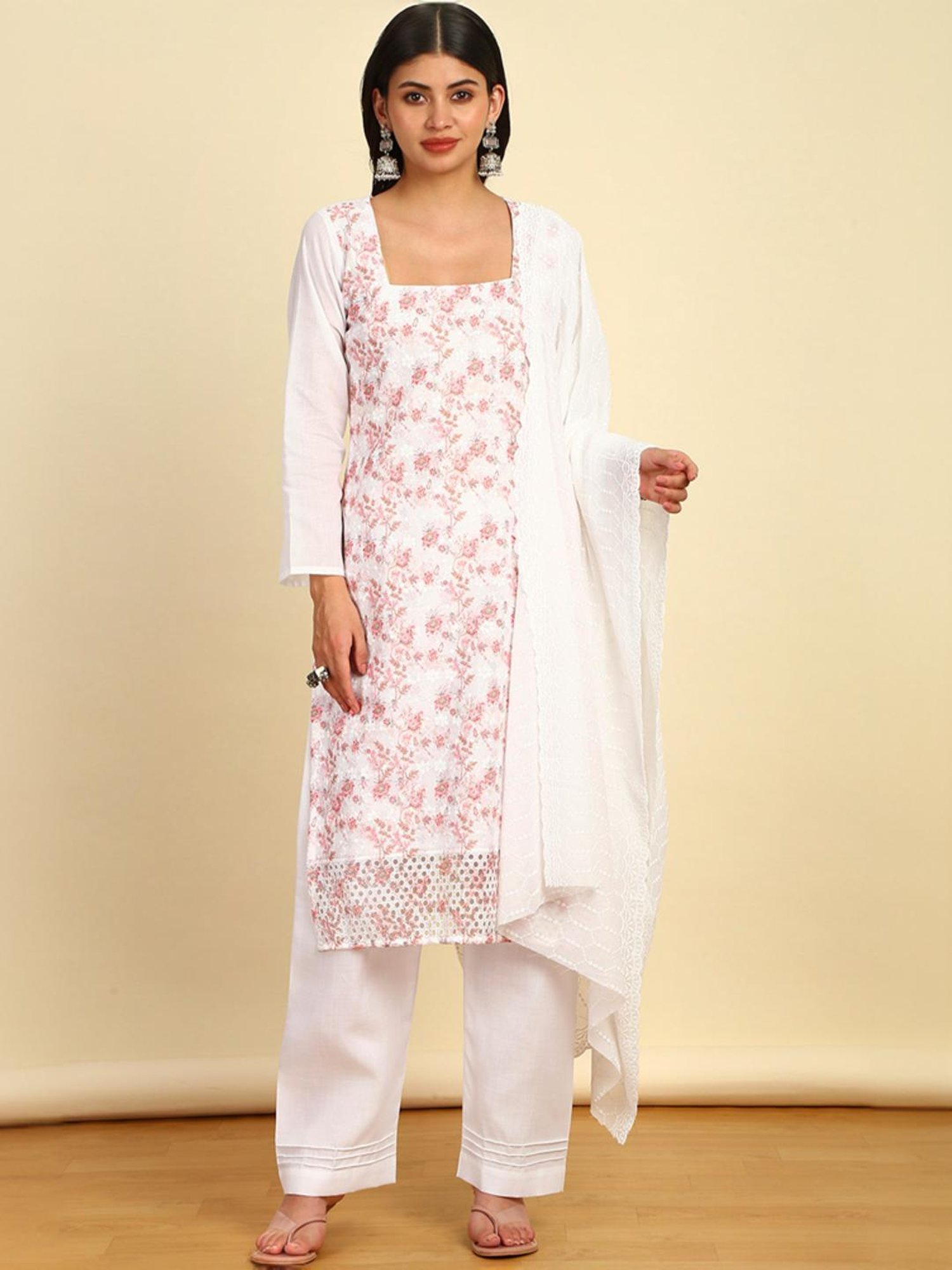 Soch Womens Pink Floral Print Cotton Unstitched Dress Material With Schiffli