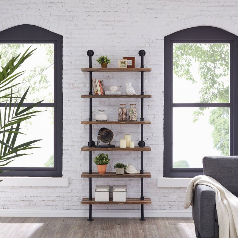 Modern Industrial 6-Tier Iron Pipe wall Mount Ladder Shelf Distressed Wood - Danya B.
