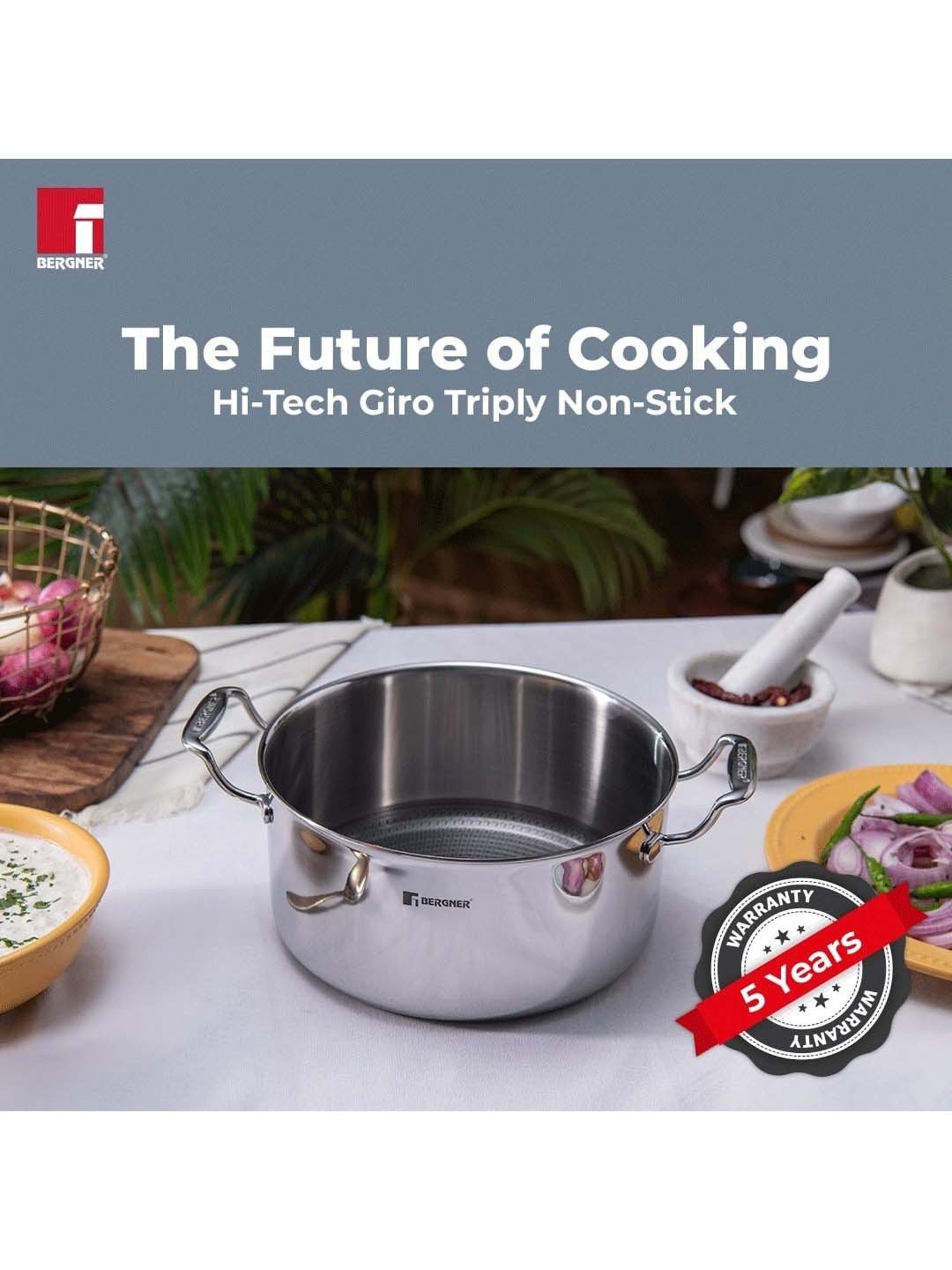 Bergner Hitech Triply Silver Stainless Steel Non Stick 32 cm Casserole With Glass Lid (11.8 L)