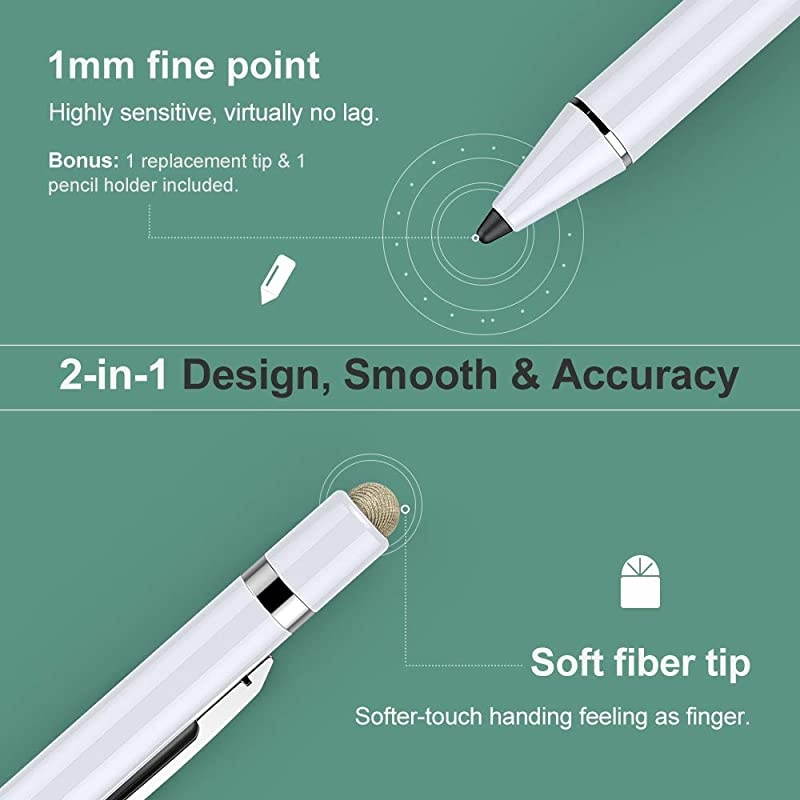 Active Stylus Pen with Palm Rejection, 2 in 1 Rechargeable Digital Pencil Compatible with (2018-2020) Apple iPad 8th Generation/Air 4/3rd, Mini 5th Gen, iPad 6 & 7th 10.2"/Pro 12.9 inch,White