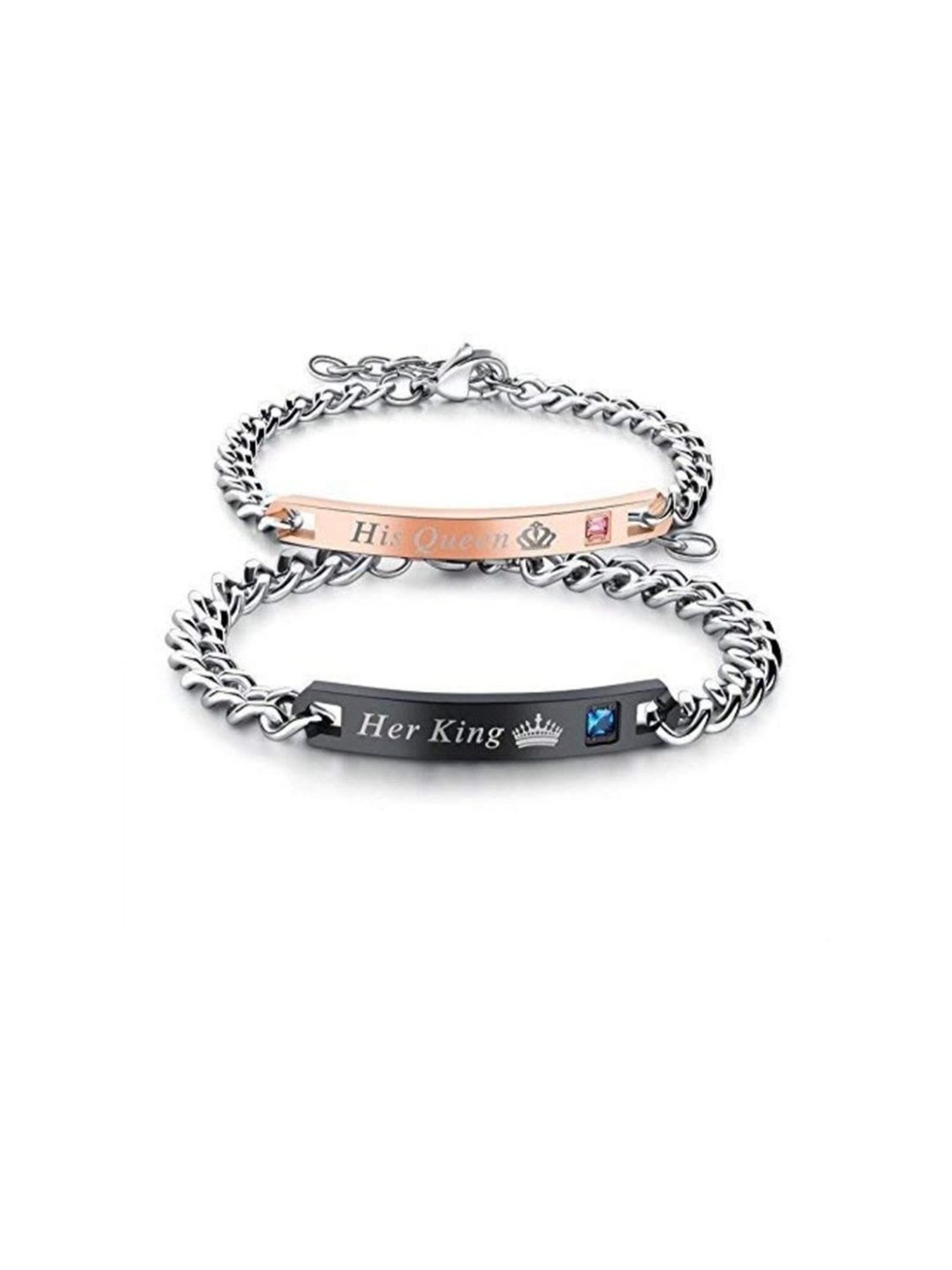 YouBella Valentine His or Hers Queen King Stainless Steel Couple Flexible fit Bracelet - Set of 2
