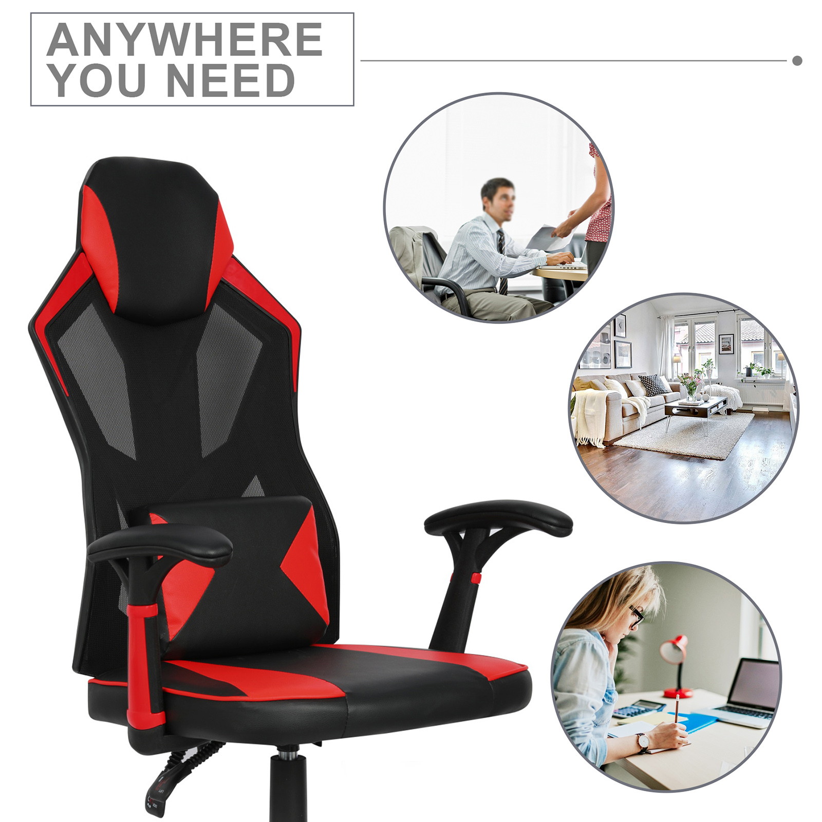 YOUTHUP Office Chair Functional Ergonomic Leather Gaming Chair Swivel Rolling Computer Desk Chair with Lumbar Support,Black and Grey