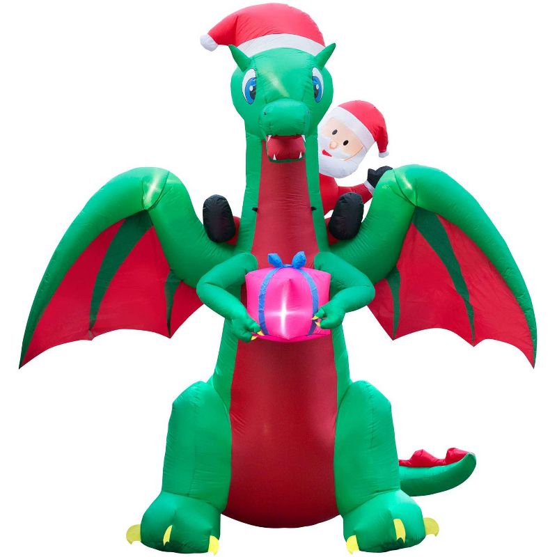 Holidayana 9 Foot Tall Giant Inflatable Santa Claus Riding Dragon Holiday Yard Decoration with Blower Fan, Tie Down Straps, and Ground Anchor Stakes