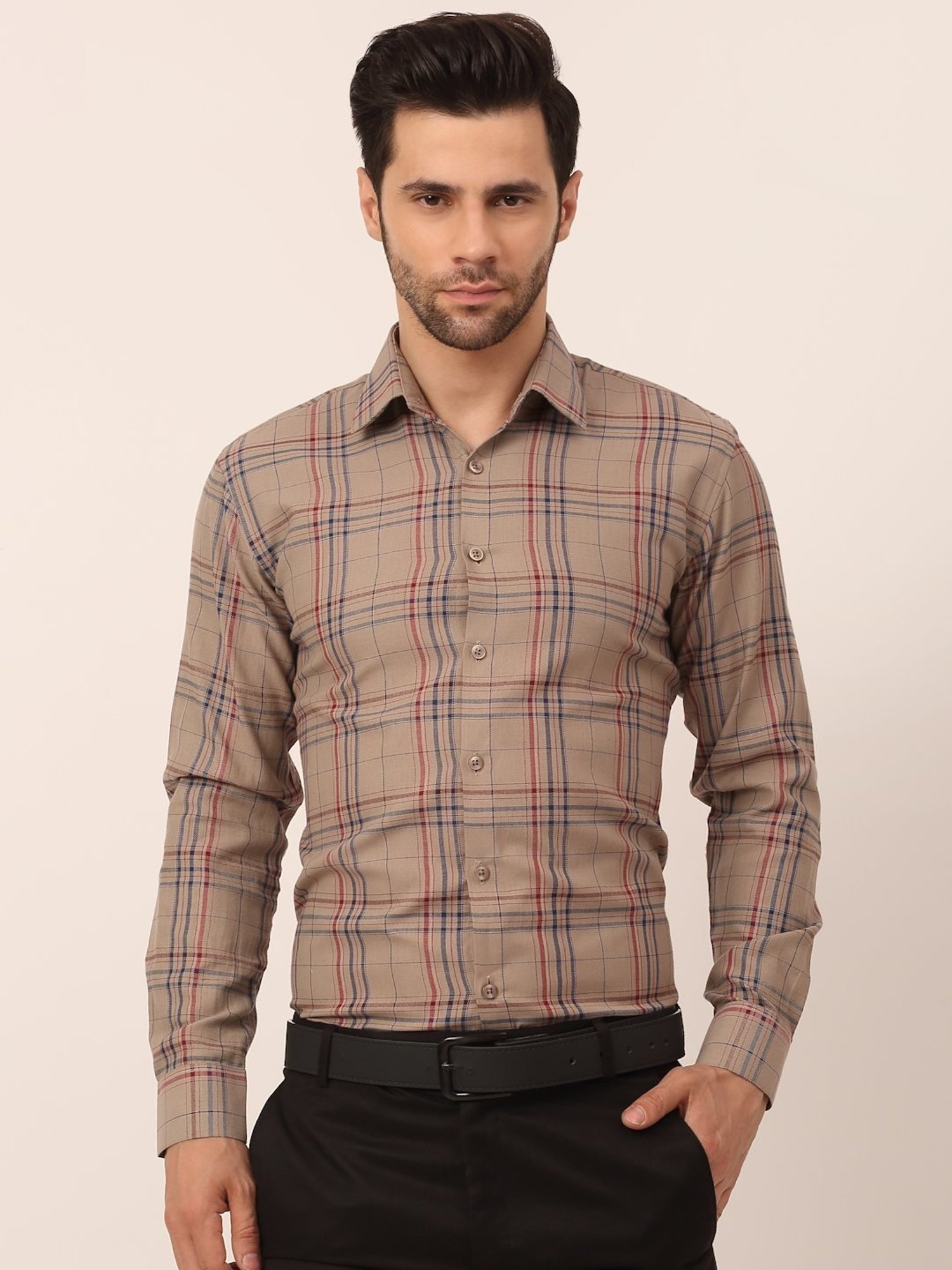 Jainish Brown Cotton Regular Fit Checks Shirt