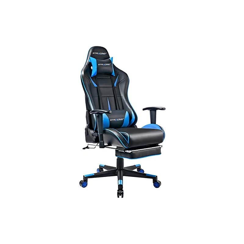 Gaming Chair with Footrest Big and Tall Office Executive Chair Heavy Duty Adjustable Recliner with Headrest Lumbar Support Cushion Desk Chair (Black&Blue)