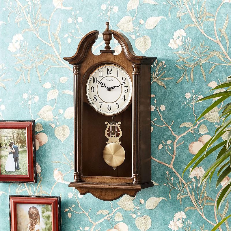Bulova Clocks C1517 Classic Style Saybrook Striking 3 Melody Option Chiming Cherry Wood Finish Battery Operated Timeless Wall Clock