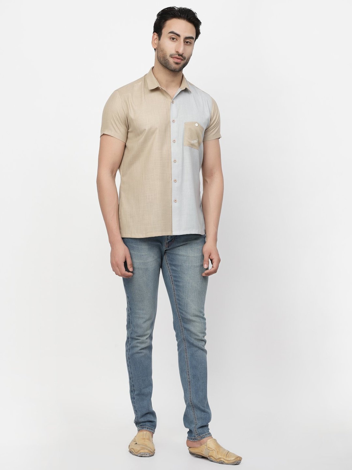 Lela Dark Beige & Blue Regular Fit Shirt