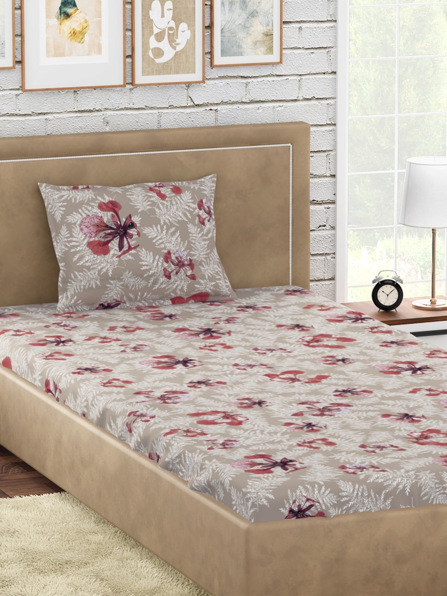 Petal Home Poinciana Floral Beige 300 TC Cotton Single Bed Sheet with 1 Pillow Cover