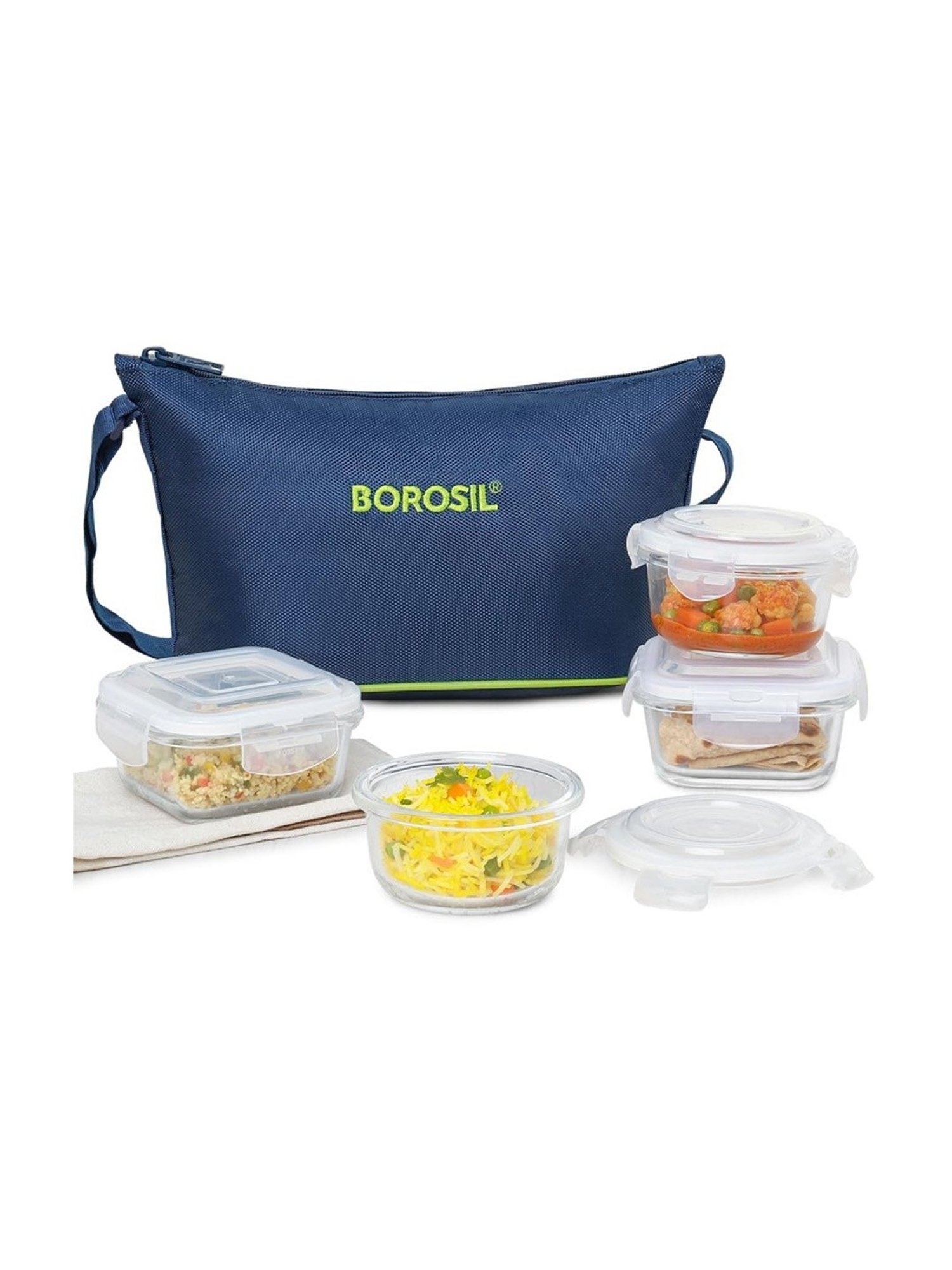 Borosil Glass Daisy Tiffin Box with Microwave Safe Set of 4 (Green , 320 ml)
